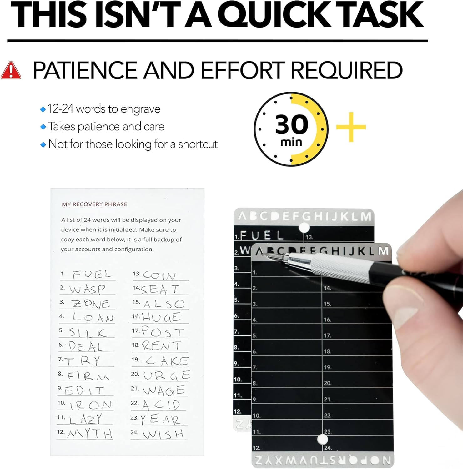 Crypto Seed Bank - Stainless Steel Seed Plate for Crypto Seed Phrase Storage - Precise Engraving for Bitcoin Wallet - Crypto Metal Seed Plate for Ledger and Trezor Hard Wallet Crypto (Wallet Size) image number 6