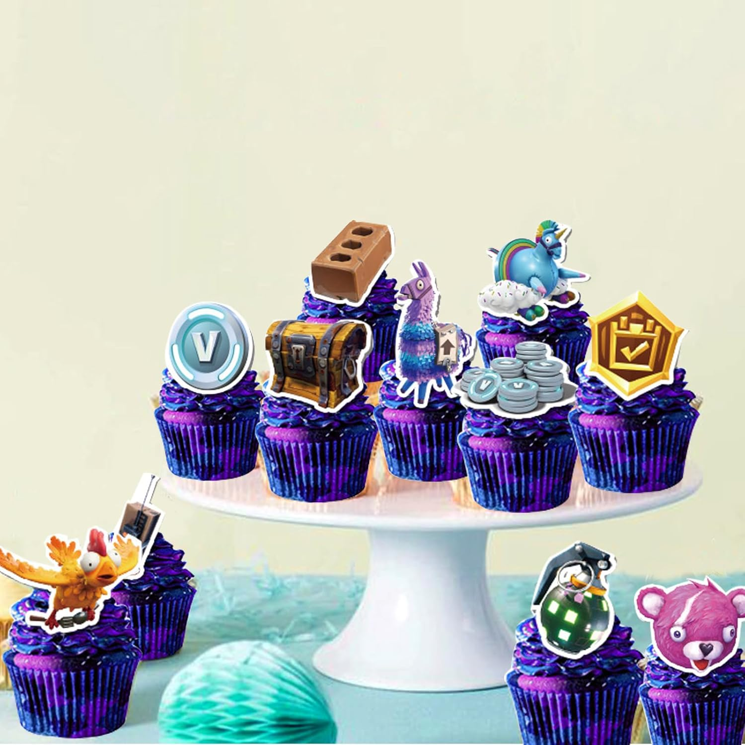 Doyomtoy Game Theme Birthday Cake Decoration Pack, 30 Pieces, Includes 1 Happy Birthday Banner, 16 Latex Balloons, 1 Large Cake Decoration, 12 Small Toppers, Purple, Video Game, Cartoon Pattern image number 4