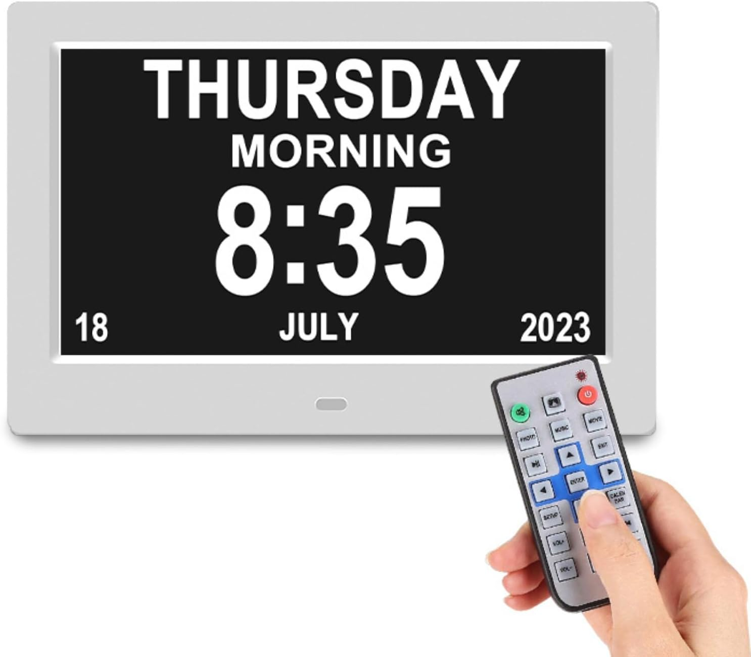 Digital Calendar Alarm Day Clock - 7" LED Dementia Clock Large Screen Display, 12/24Hr Remote Control for Extra Large Aged Seniors, Home D&eacute;cor Desk, Wall Mounted Black/White (White)