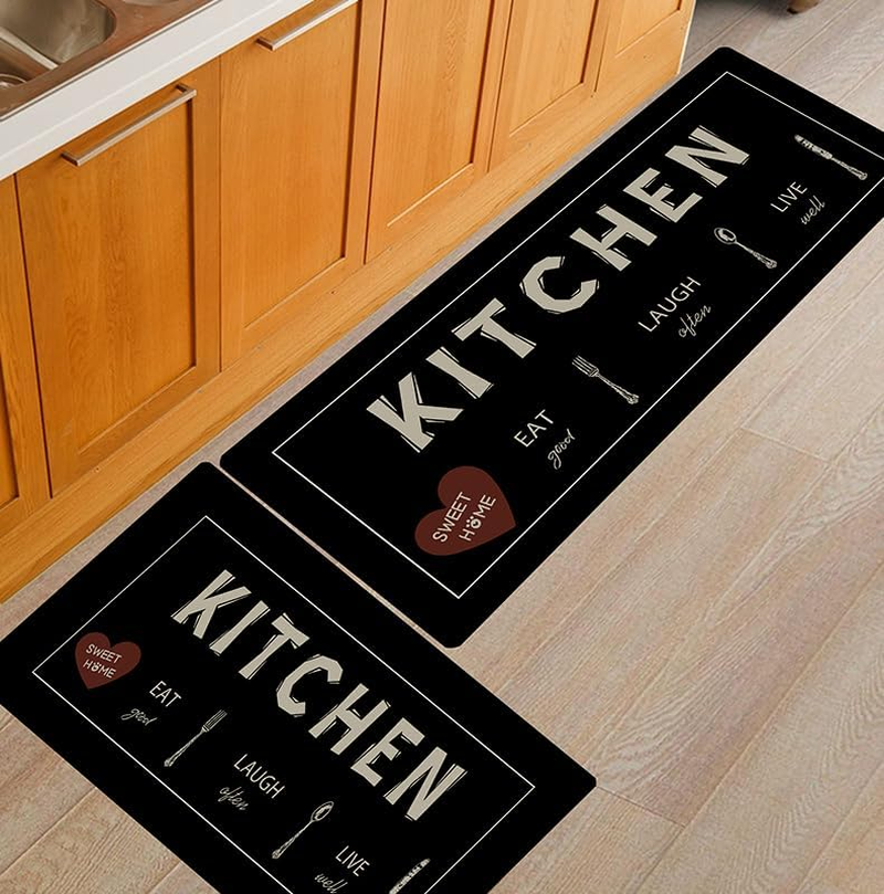 Black Kitchen Rugs Non Slip Washable Kitchen Floor Mats for in Front of Sink Floor Mat for Kitchen, Laundry Room, 50Cm X 80Cm + 50Cm X 120Cm (Black, 50Cm X 80Cm + 50Cm X 120Cm) image number 4