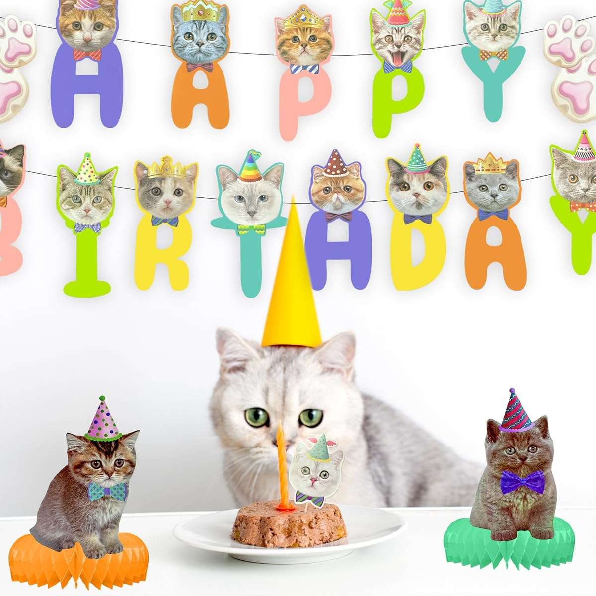 Cat Theme Birthday Party Decorations, 1 Set Kitten Happy Birthday Decorations with Cake Toppers (Colorful)
