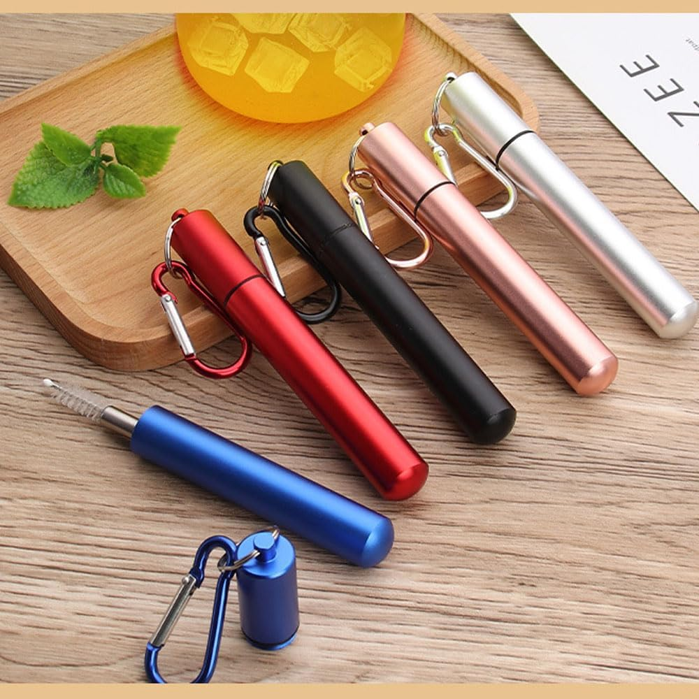 1PCS Reusable Stainless Steel Straw,Collapsible Stainless Steel Drinking Straw Telescopic Straw (With Keychain Case & Cleaning Brush) for Smoothie, Milkshake, Cocktail and Hot Drinks (Red) - Gold image number 4