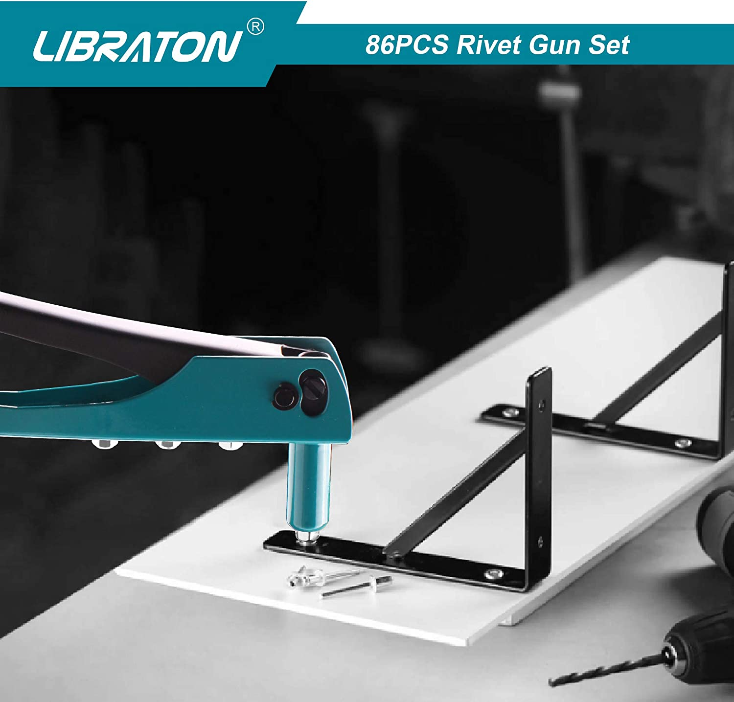 Libraton Rivet Gun, Rivet Gun Kit, Pop Rivet Gun, 80Pcs Metal Rivets and 4 Drill Bits, Heavy Duty Hand Riveter, Rivet Gun Tool for Metal, Automotive, Blind Rivets 3/32" 1/8" 5/32" 3/16" image number 5