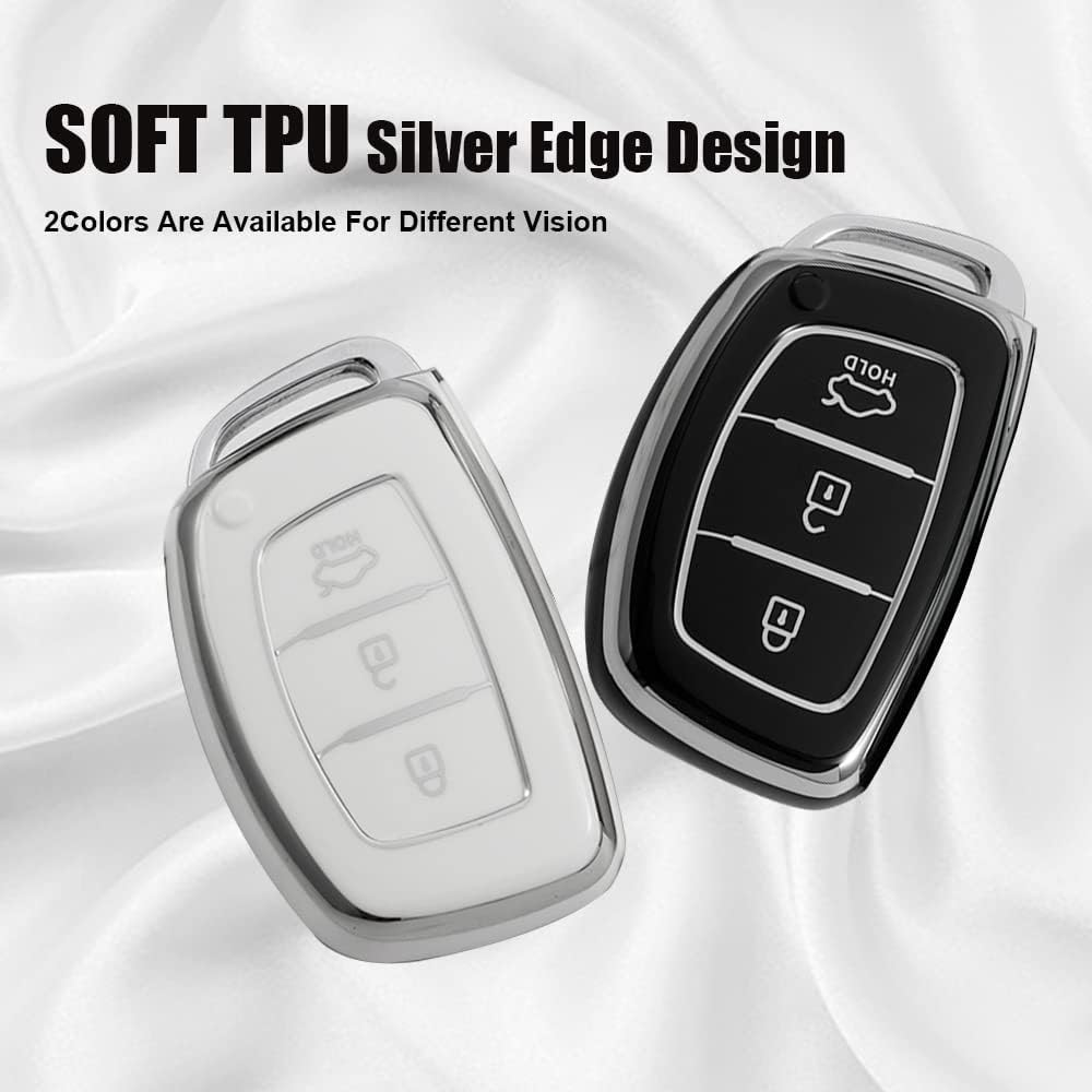 HIBEYO Key Fob Cover for Hyundai Tucson Sonata Fe Creta Mistra Elantra Ioniq Venue IX35 I10 I20 I30 I40 Solaris Kona Accent 2018-2022 Car Accessories TPU Silver-Edge with Leather Keychains-Whtie image number 6