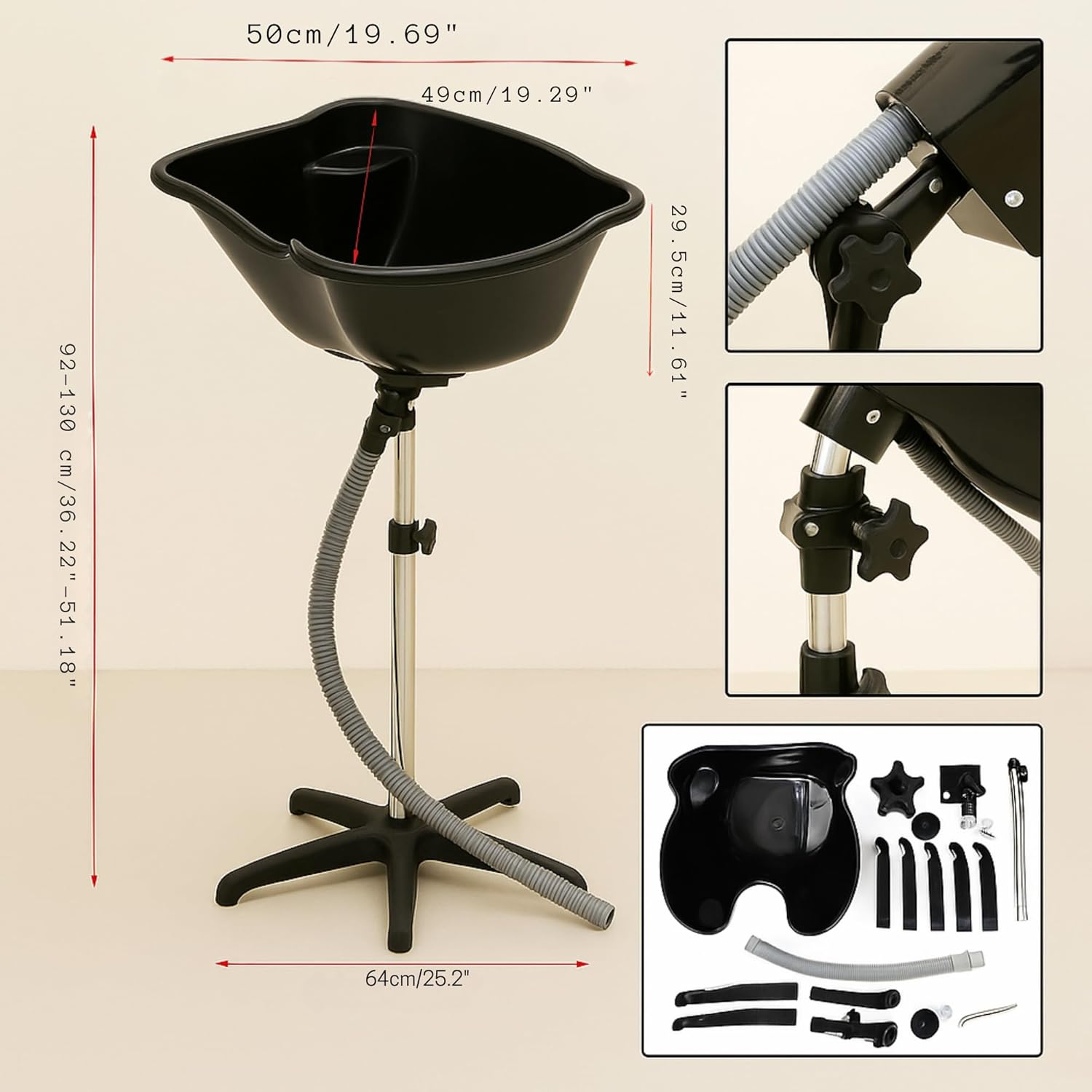 The Prowash Deluxe Adjustable Portable Hairdressing Basin Has a Durable Black Plastic Basin, Stainless Steel Frame, and Adjustable Height (92-130Cm), Offering Comfort and Convenience for Salons. image number 4