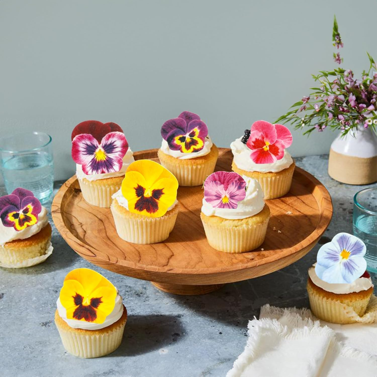 64Pcs Edible Flower Cupcake Toppers Spring Bridal Engagement Baby Shower Birthday Party Cupcake Picks Anniversary Party Decorations Supplies image number 5