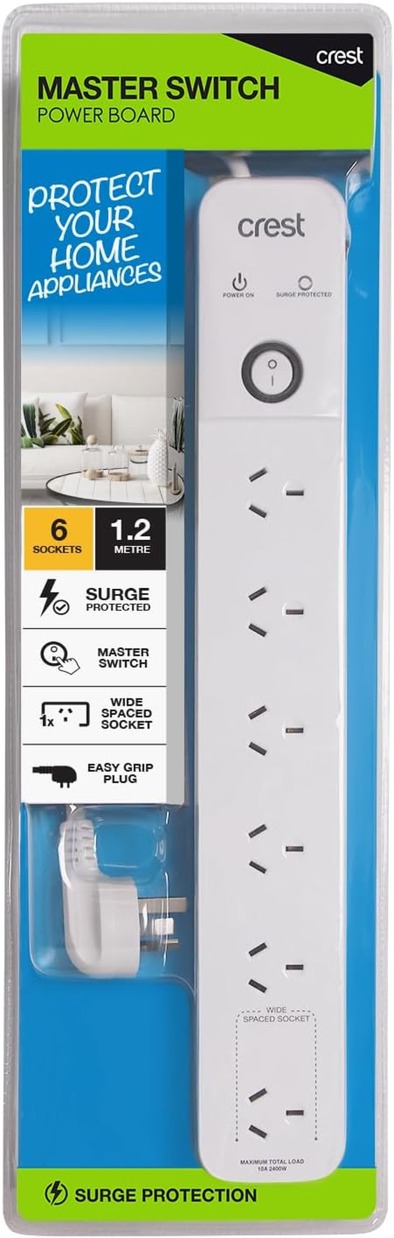 Crest Power Board 6 Socket 1 Switch Surge Protected 1.2M image number 1