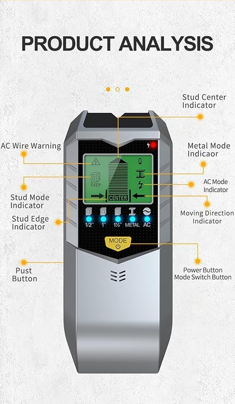 Detector, 5-In-1 Wall Scanner Detector with LCD Display and Acoustic Alarm, Multifunctional Stud Finder for Locating Metal Pipes Wooden Beams, Power Lines image number 2