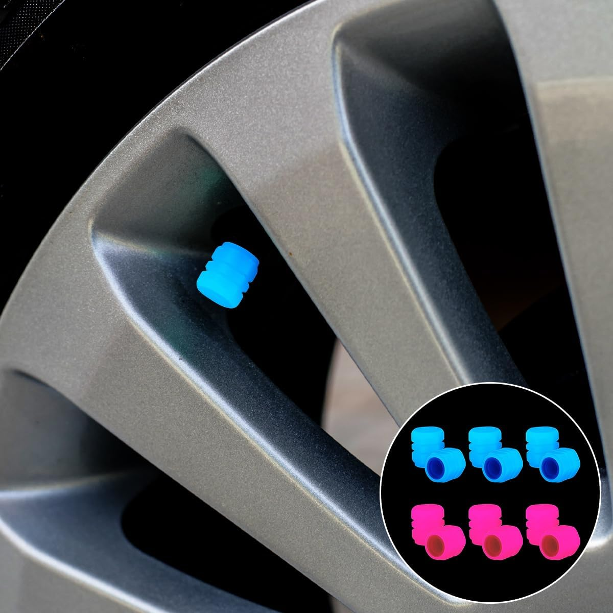 BEZANU Tire Valve Stem Caps, 12 Pcs Universal Luminous Car Tire Air Caps Cover for SUV, Car, Truck, Motorcycles, Bike (Blue and Pink) image number 4