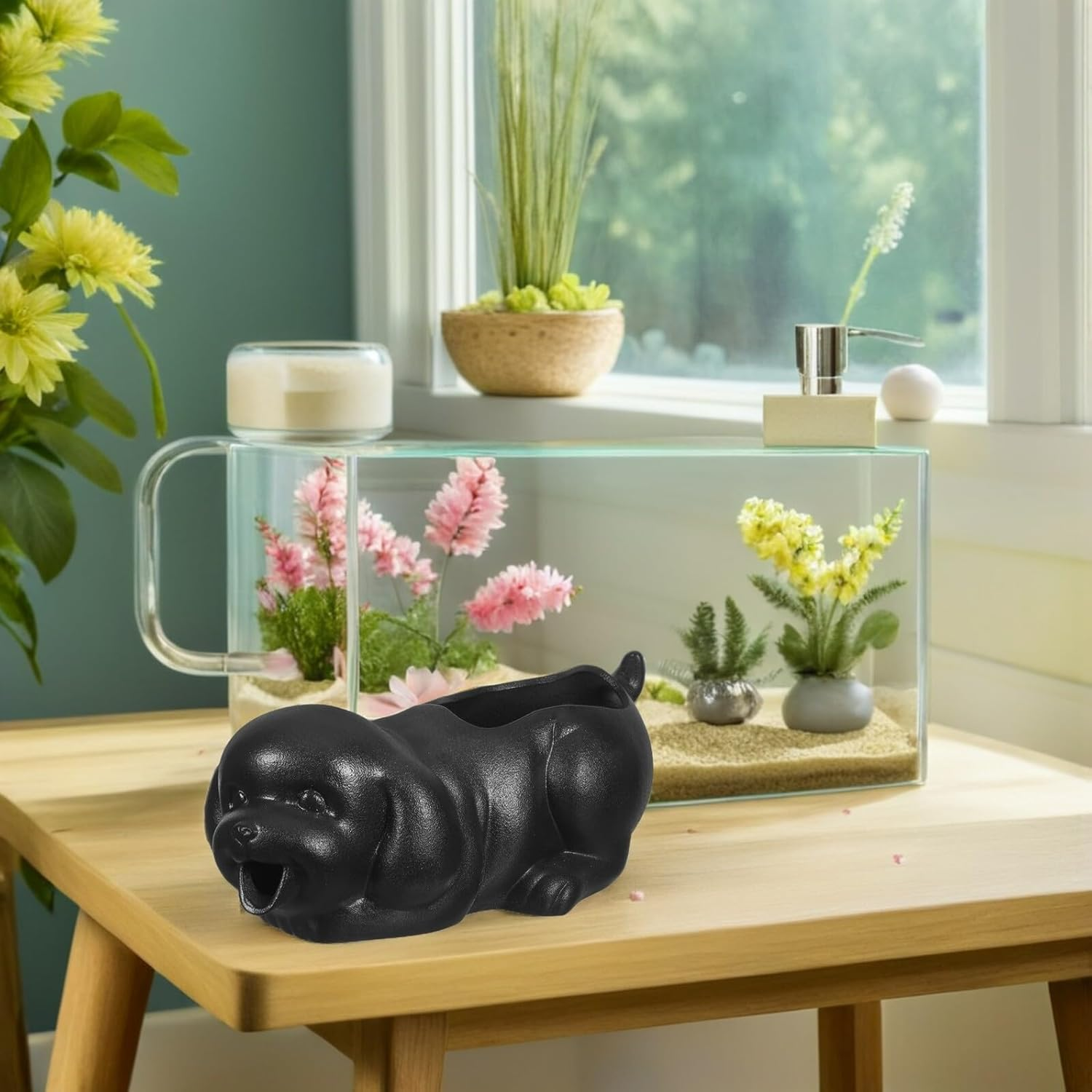 YARNOW Ceramic Dog Fountain Spitter with Planter Ceramic Fish Waterfall Feature for Indoor Outdoor Garden Natural Water Filtration Bonsai Water Feature for Fish Tank and Home Decor image number 3