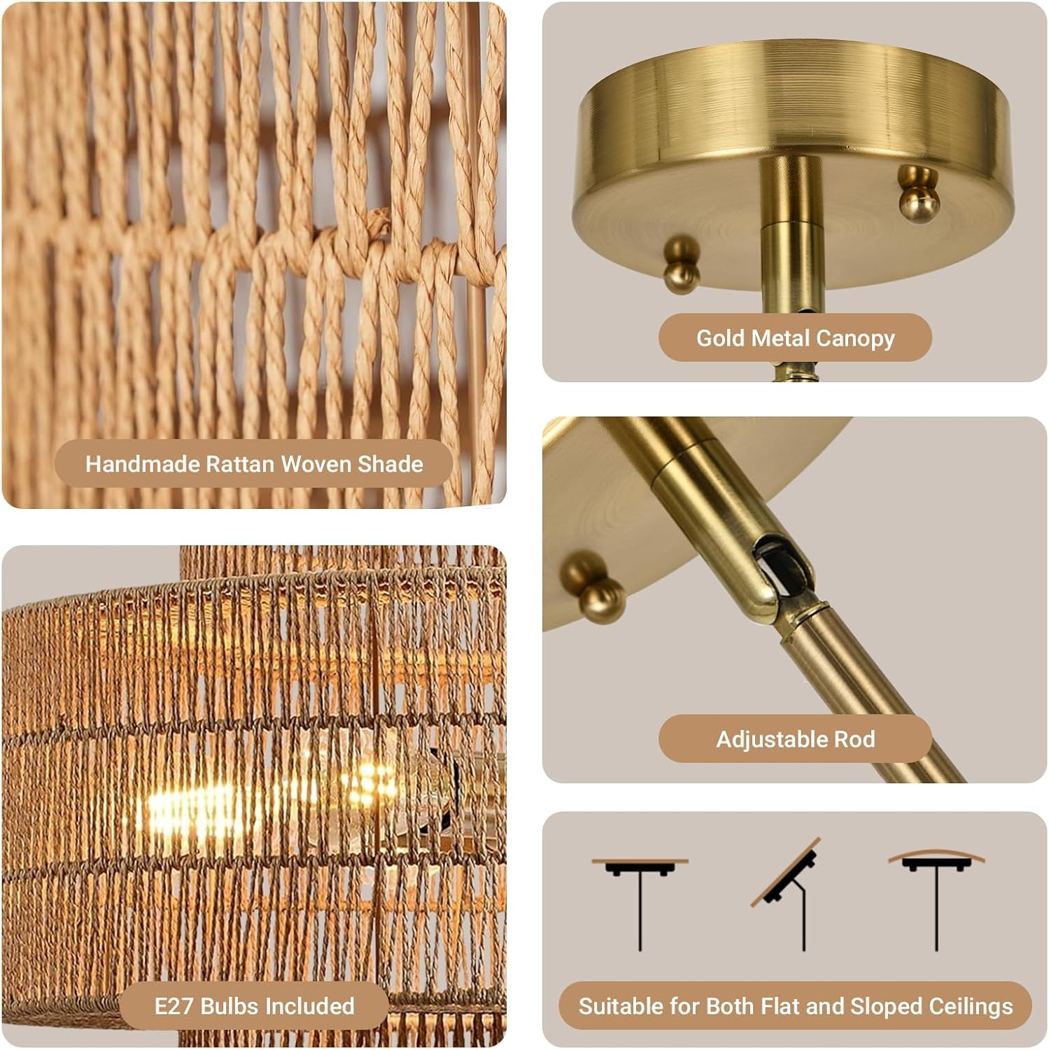 USOR 6-Light Boho Rattan Chandelier Vintage Light Fixture Woven Dome Farmhouse Pendant Light Wicker Straw Look Lamp Rattan Pendant Shade for Kitchen Island Foyer Bedroom Living Room Dining Room D60M image number 5