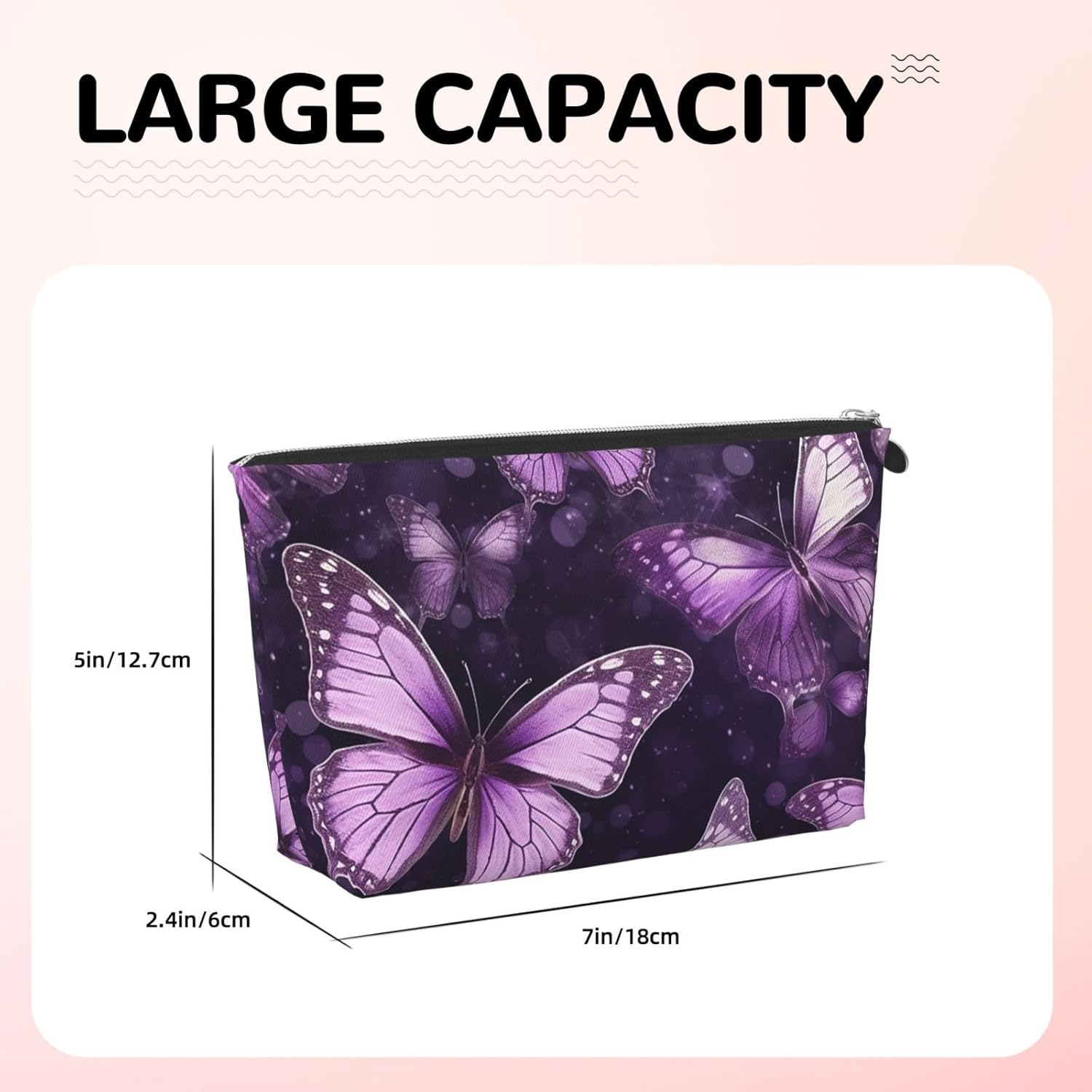 SDTYKHJ Large Capacity Makeup Bag for Women, Waterproof Portable Shaving Bag, Small Toiletry Bag, Purple Butterflies, Leather Cosmetic Organizer Bags for Travel, Siliver, One Size image number 6