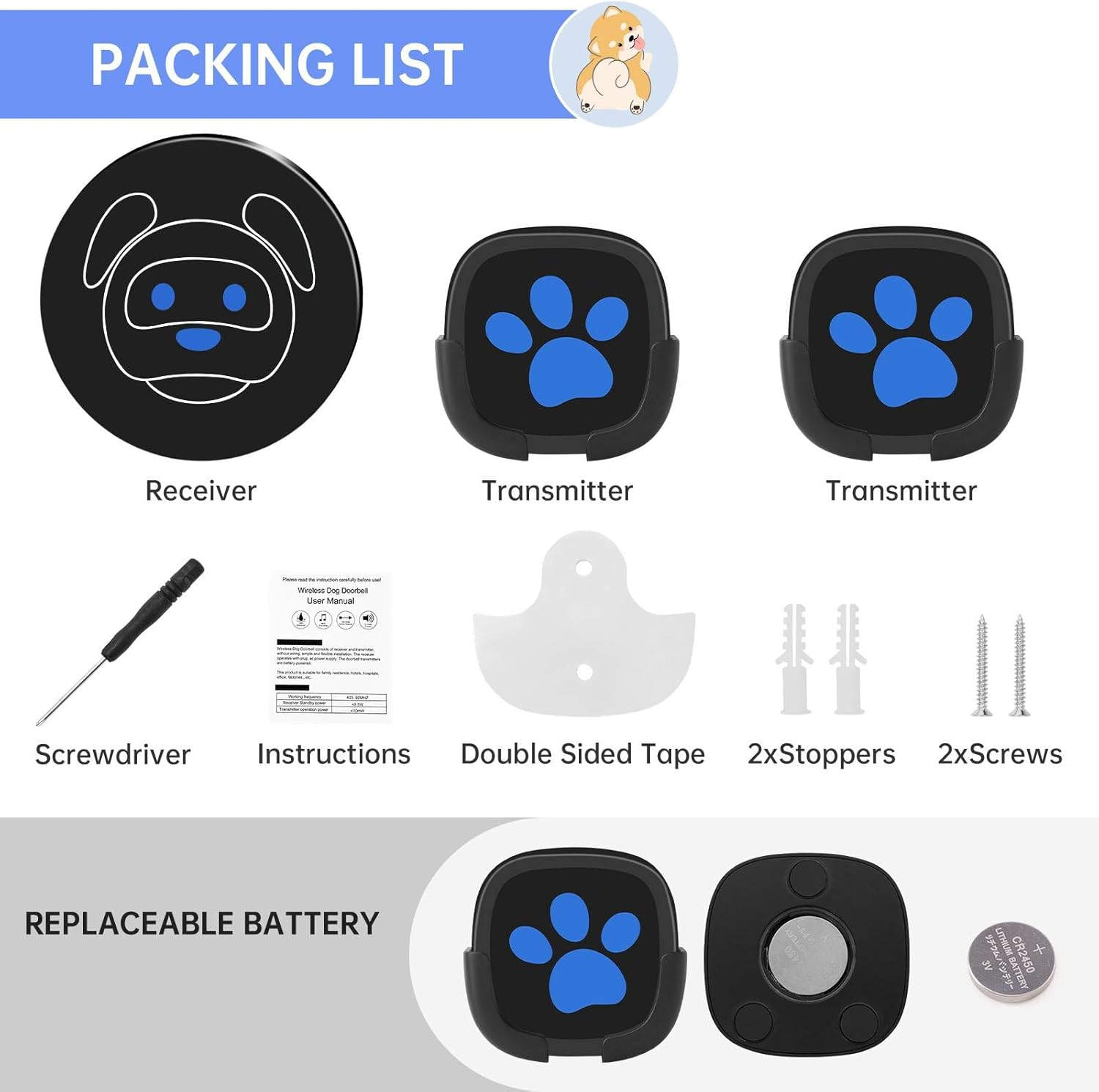 Whimsii Dog Doorbell, Wireless Ring Bell to Go Outside, IP55 Waterproof Buttons, 55 Melodies, 4 Volume Levels & 950Ft Range (Black, 1 Reciever 2 Transmitters) image number 1