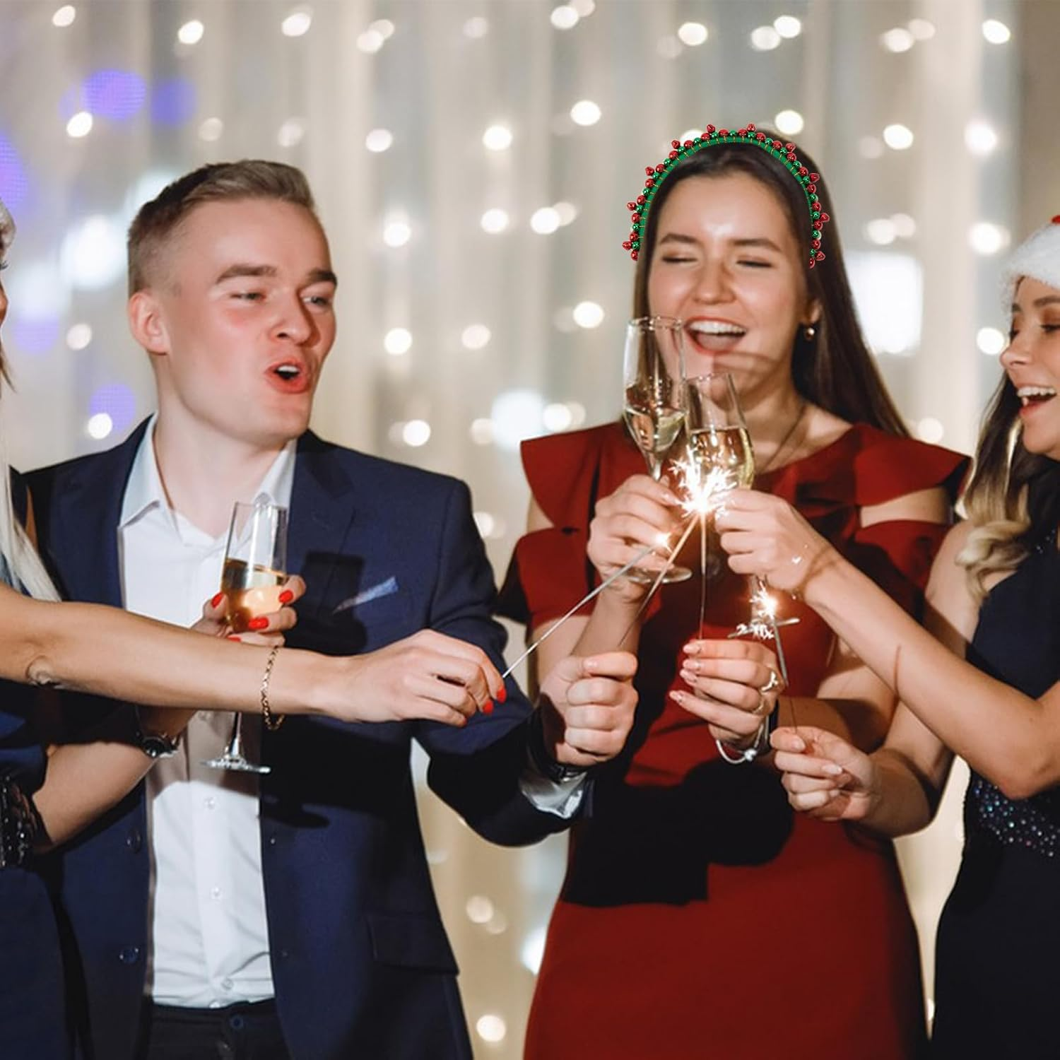 NICENEEDED Pack of 2 Christmas Headbands with Bells Red Green Gold Tone Christmas Bells Hair Band for Women Hair Accessories for Christmas Parties image number 2