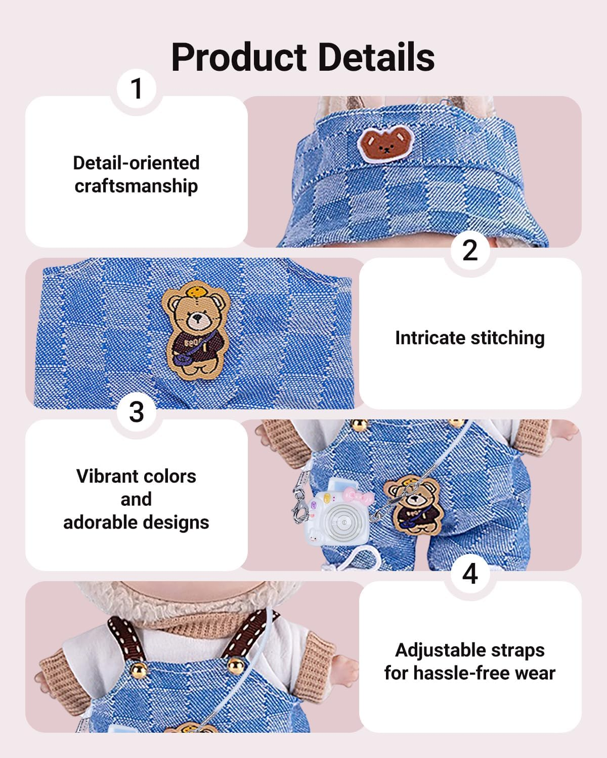 Ariker 4Pcs Handcrafted Doll Clothes Set for 17Cm Dolls (Blue Overalls Set) AK053BL image number 1