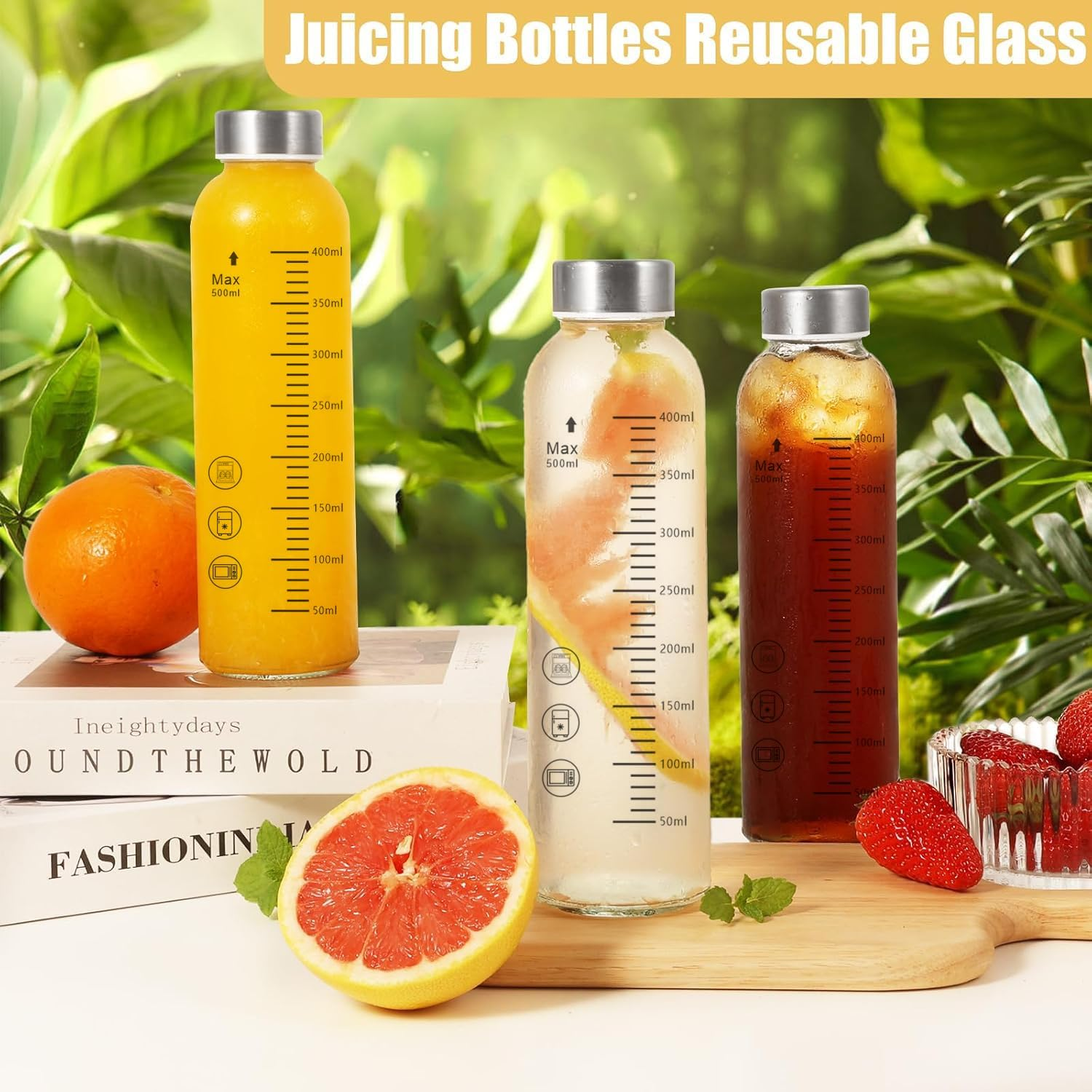 Clear Glass Bottles Set of 6, 18Oz/530Ml Reusable Glass Water Bottle with Stainless Steel Cap for Juicing, Refrigerator, 100% Leak Proof, Glass Juice Bottle for Fruit Juice, Tea, Water image number 2