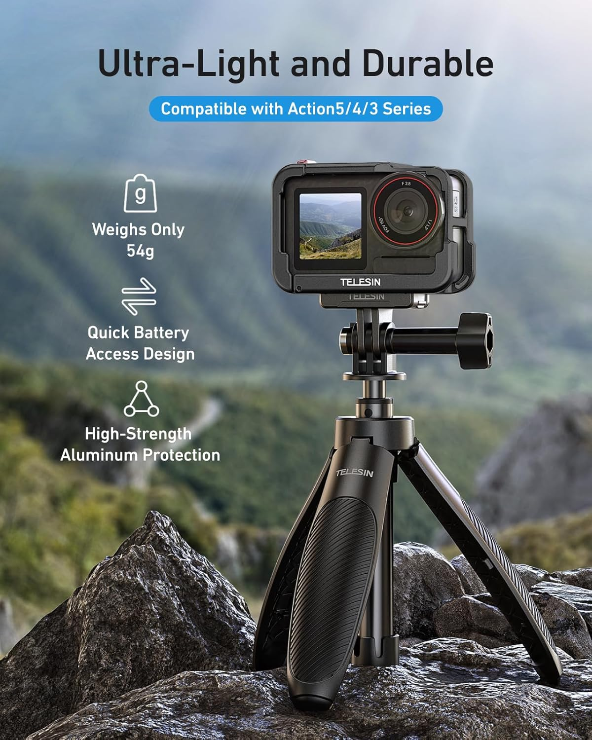 TELESIN 54G Ultra-Light Camera Cage for DJI Action 5 Pro Action 4 Action 3, Protective Cage Video Rig with Cold Shoe, 1/4" Thread, Shutter Button, Magnetic Quick Release Connector (Carbon Tech Black​) - Ice Blue Grey image number 6