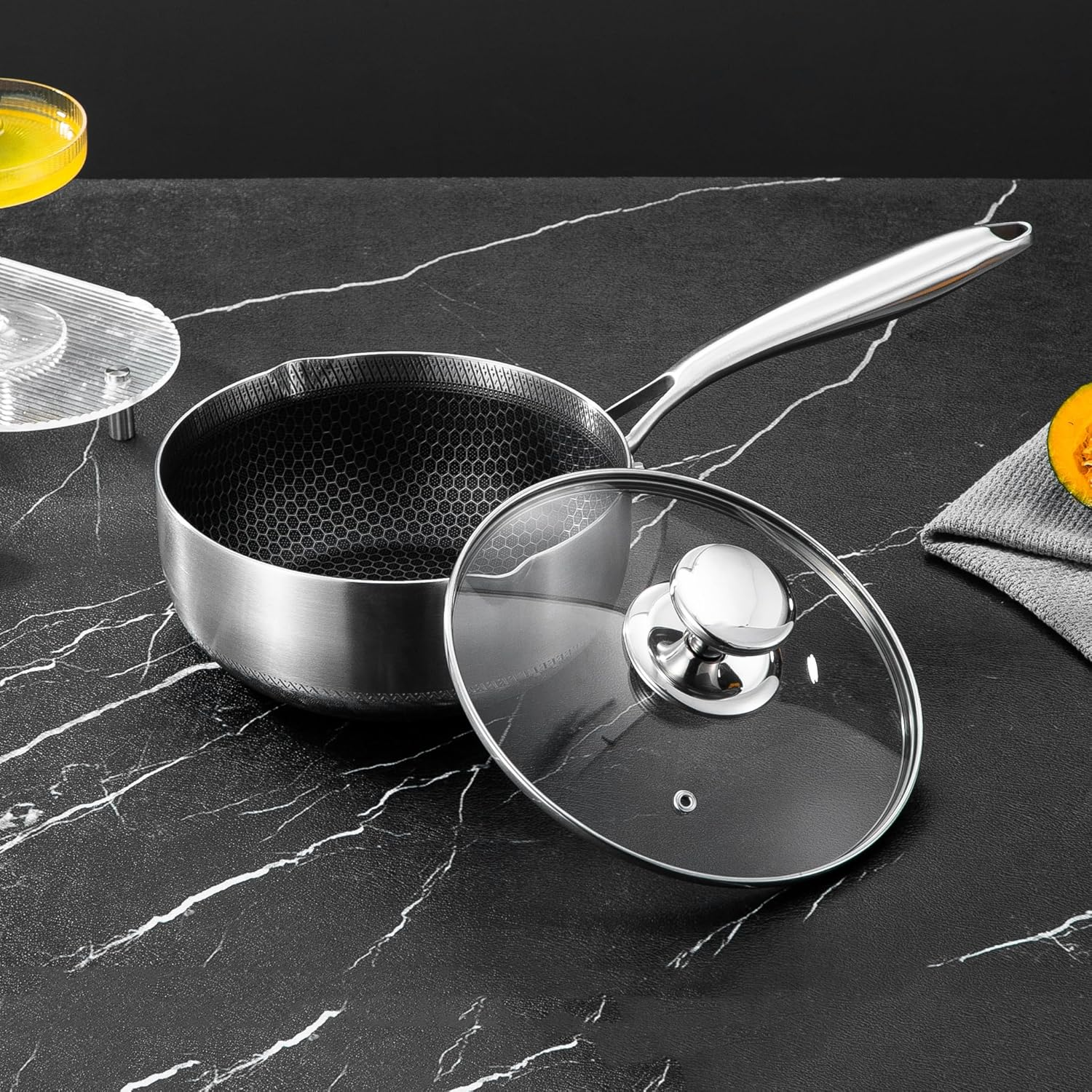 Frafuo 316L Stainless Steel Saucepan Compound Steel Honeycomb Nonstick Sauce Pan with Glass Lid 3L Pot Stay-Cool Handle Multipurpose Milk Saucepan, Induction Capable and Gas Stove image number 2