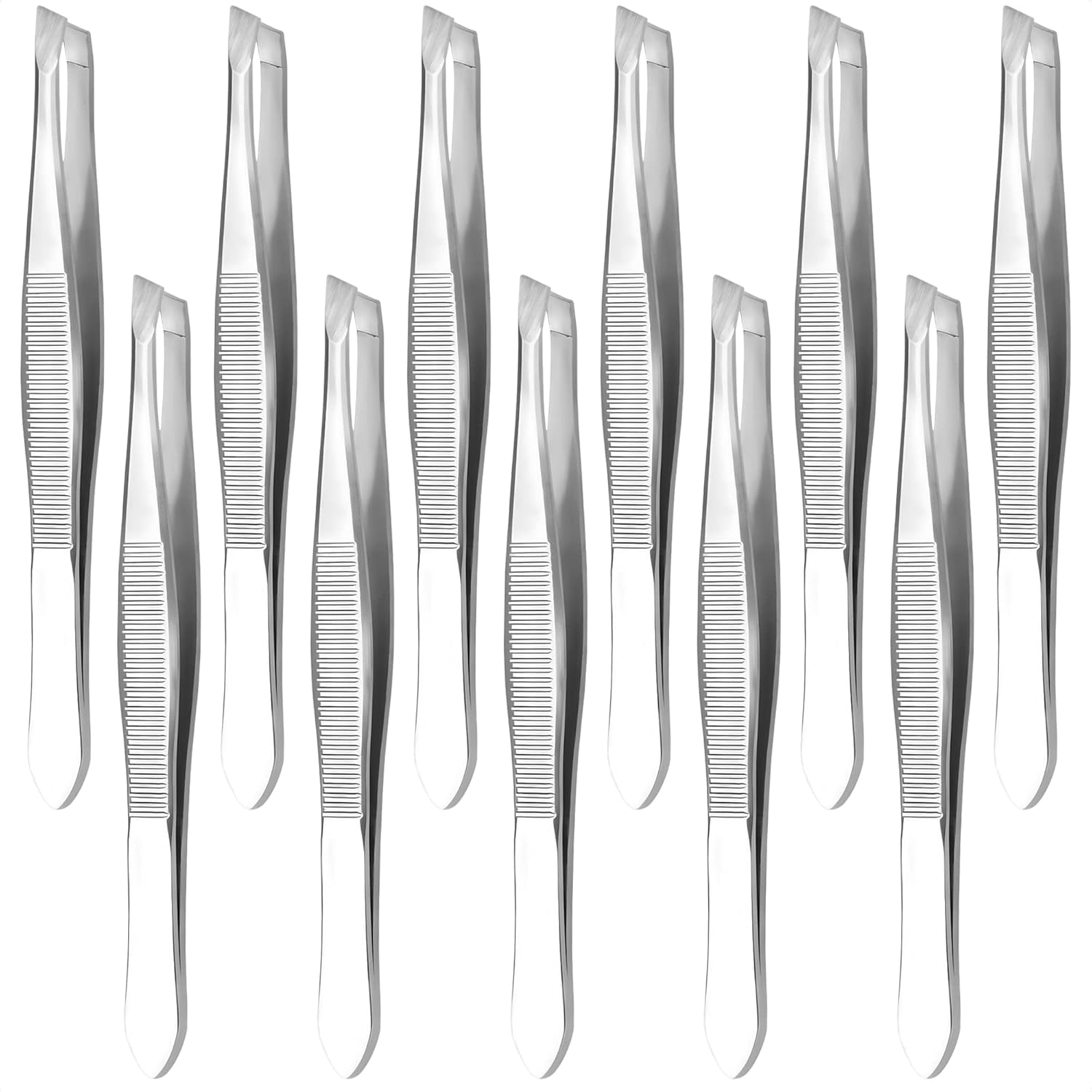 HUELE 12Pcs/Pack Stainless Steel Slanted Eyebrow Tweezers Metal Eyebrow Tweezers Trimmers image number 6