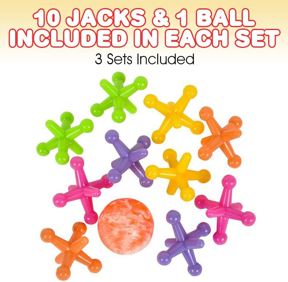 Artcreativity Large Neon Jacks Game, 3 Sets, Each Set with 10 Plastic Jacks and 1 Marbleized Rubber Ball, Vintage Toys, Fun Activity for Kids, Birthday Party Favors for Boys and Girls image number 1
