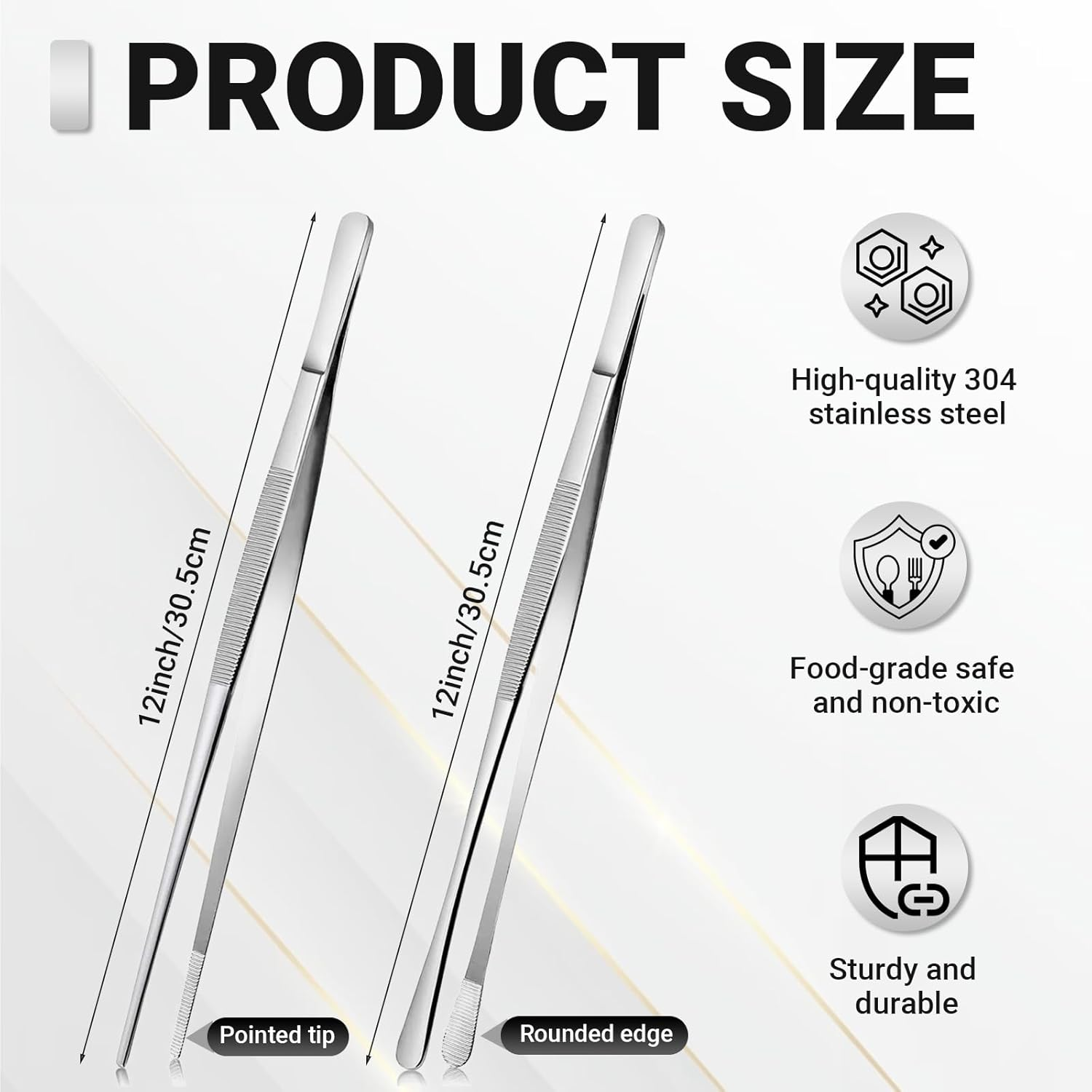 JOWILIN Kitchen Tweezers, 2 Pcs 304 Stainless Steel Cooking Tweezers Tongs, 12'' Long Food-Grade Including Fine Head and Broader Head for Cooking BBQ Grilling Barbecue Culinary Serving (Silver)