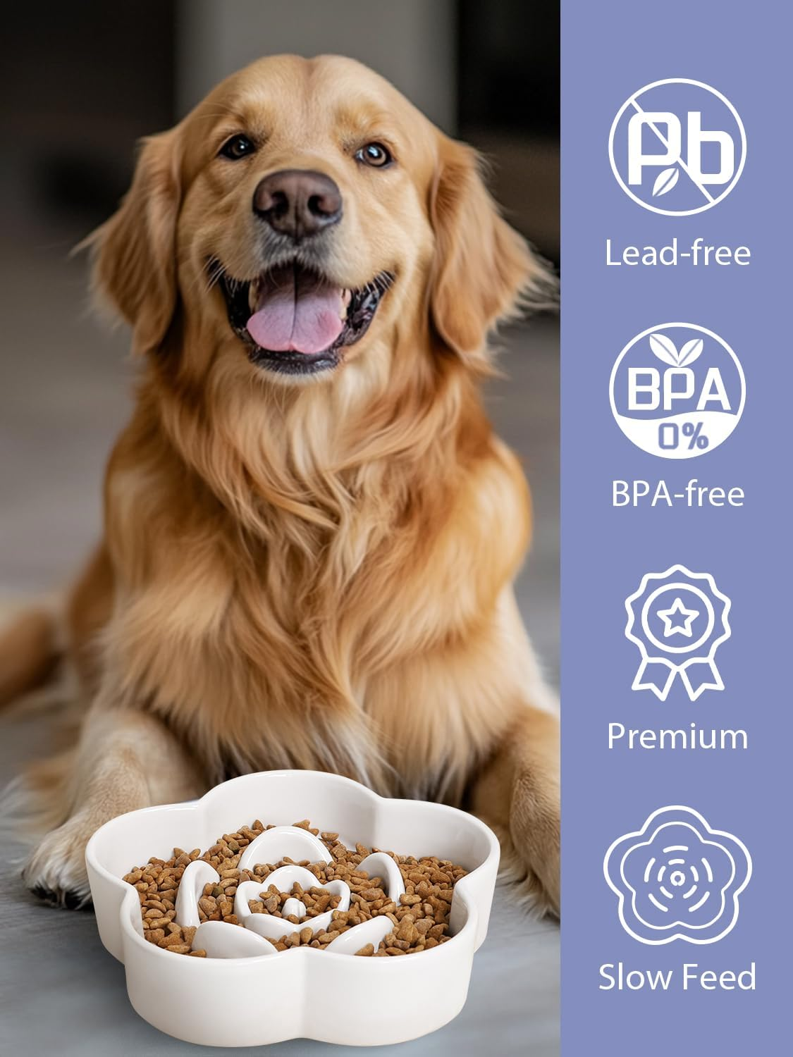 Ceramic Slow Feeder Dog/Cat Bowl, Anti-Choking Slow Food Bowls, 8" 11.3Oz Slow Feeder for Medium, Large Breeds, Plum Puzzle Design, Non-Slip Silicone, Dishwasher and Microwave Safe, White image number 5