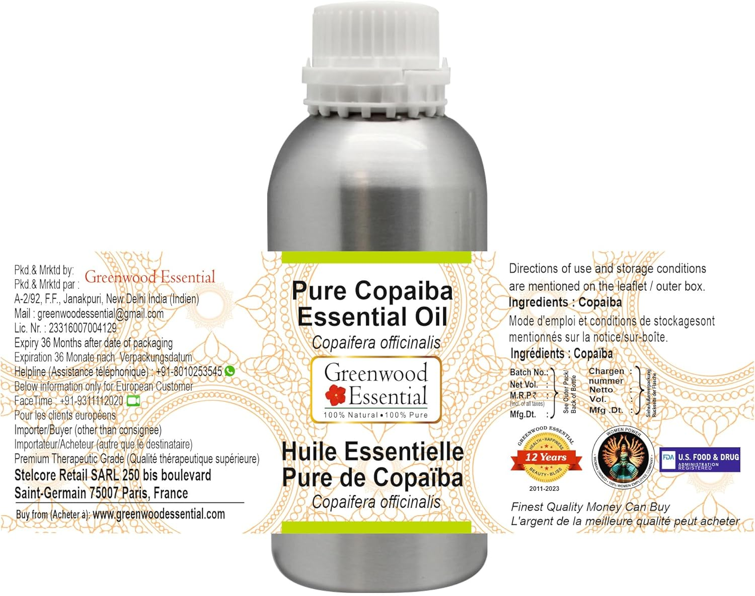 Greenwood Essential Pure Copaiba Essential Oil (Copaifera Officinalis) Steam Distilled for Personal Care 300Ml (10Oz)