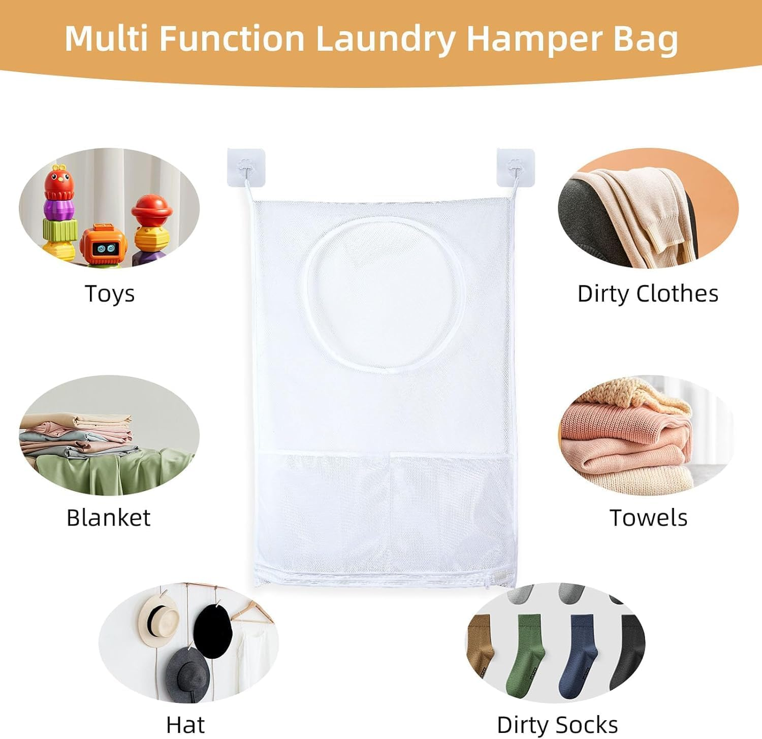 White Hanging Laundry Hamper Bag, 2Pcs White Door Hanging Laundry Hamper Bags,Door-Hanging Mesh Laundry Hamper Bag,Door Hanging Laundry Hamper Bag Clothe Storage Bag,Over Door Laundry Bags with Hooks image number 4