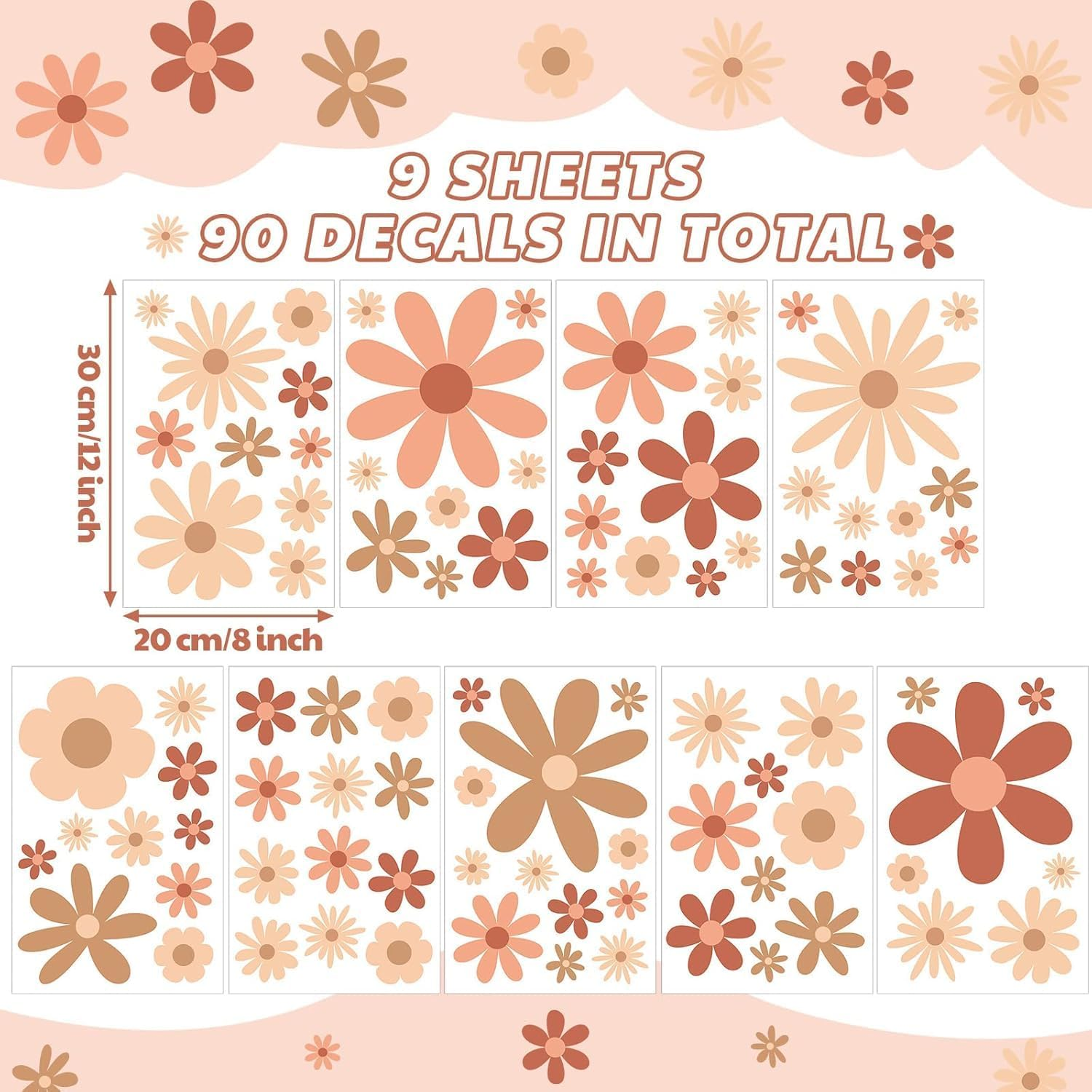 90Pcs Daisy Vinyl Wall Decals, Boho Wall Decal Daisy Stickers, Girls Groovy Peel & Stick Floral Stickers for Kids Nursery Wall Art Bedroom Classroom Living Room Decor(9 Sheets) image number 2