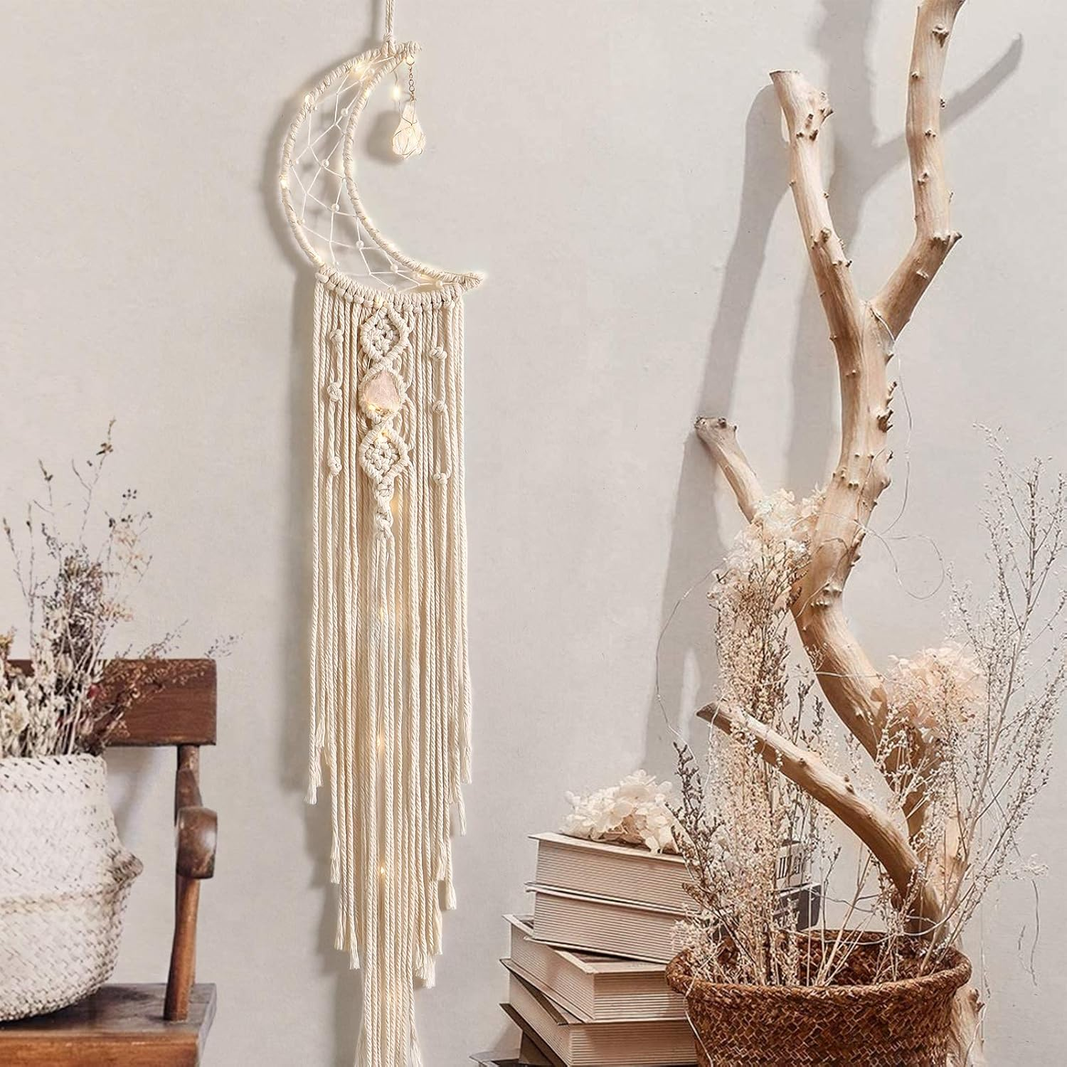 Dremisland Macrame Woven Wall Hanging Moon Dream Catcher with Natural Crystal Stone- Boho Chic Bohemian Home Decor Wall Art Decor with String Lights - Beautiful Apartment Dorm Room Door Decoration image number 2