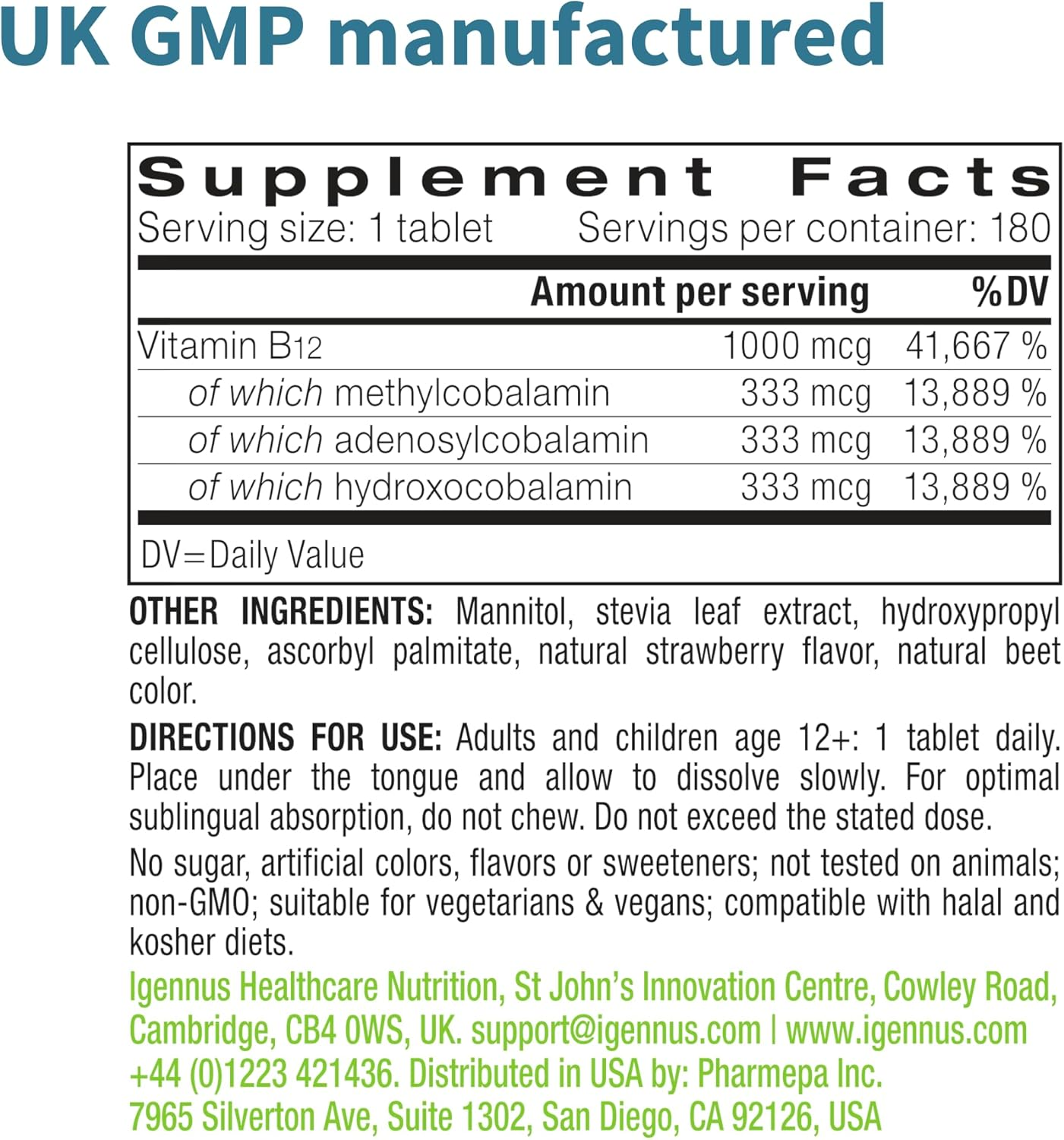 Super B12-Complex 1000Mcg, High Absorption Sublingual Vitamin B12 in Three Bioactive Forms with Methylcobalamin, Vegan, 180 Tablets image number 6
