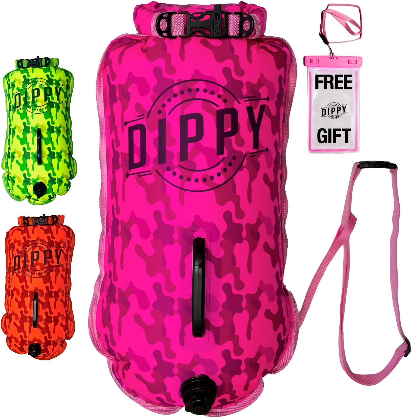DIPPY Tow Floats for Open Water Swimming | 28L Swim Buoy Open Water Swimming Float | Waterproof Swimming Buoy | Tow Float Dry Bag | Wild Swimming Float | Wild Swimming Accessories (Pink Cammo) image number 5