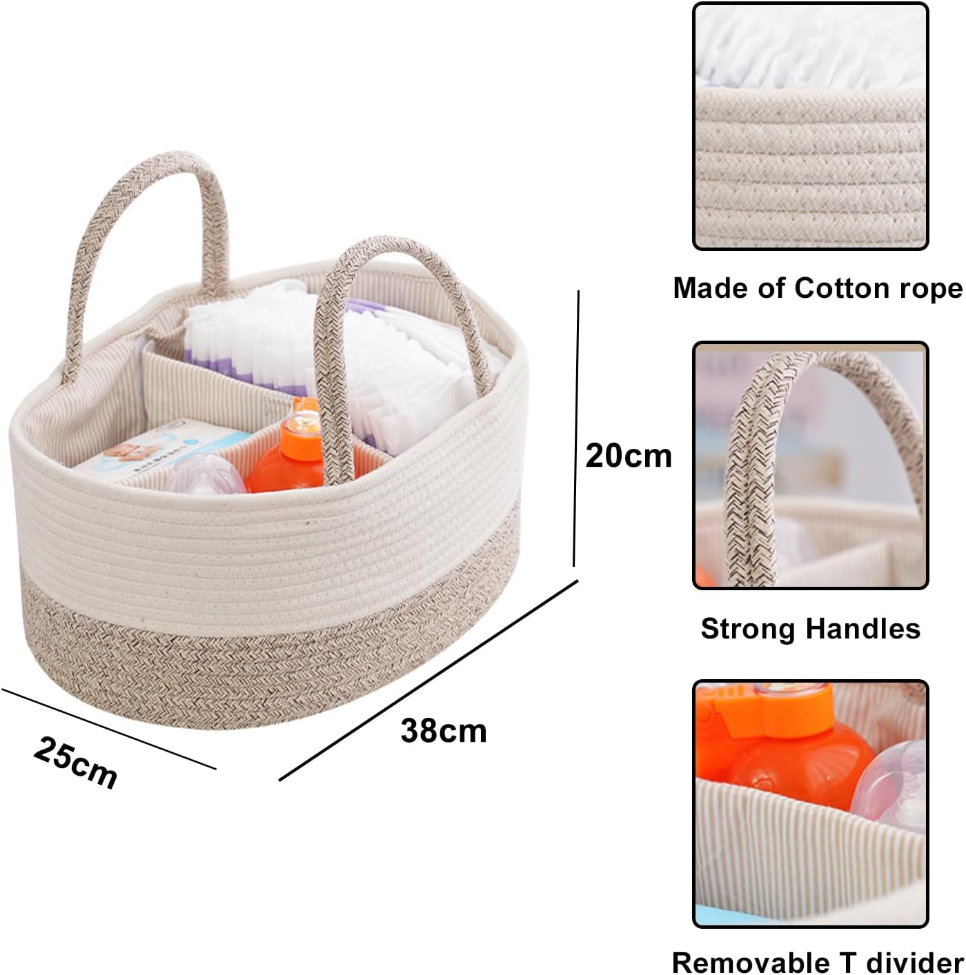 Large Baby Diaper Caddy Organizer for Girl Boy Rope Nursery Storage Bin Basket Portable Holder Tote Bag for Changing Table Car Travel Baby Shower Gifts Newborn (White and Beige) image number 1