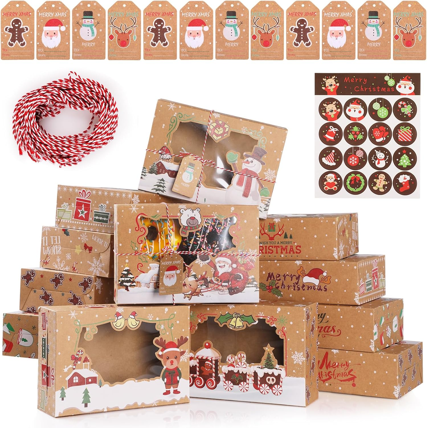 12Pcs Christmas Cookie Gift Box Treat Boxes, Large Rectangle Christmas Kraft Paper Food Container for Gift Wrapping Supplies, Cute Santa Small Christmas Box image number 4