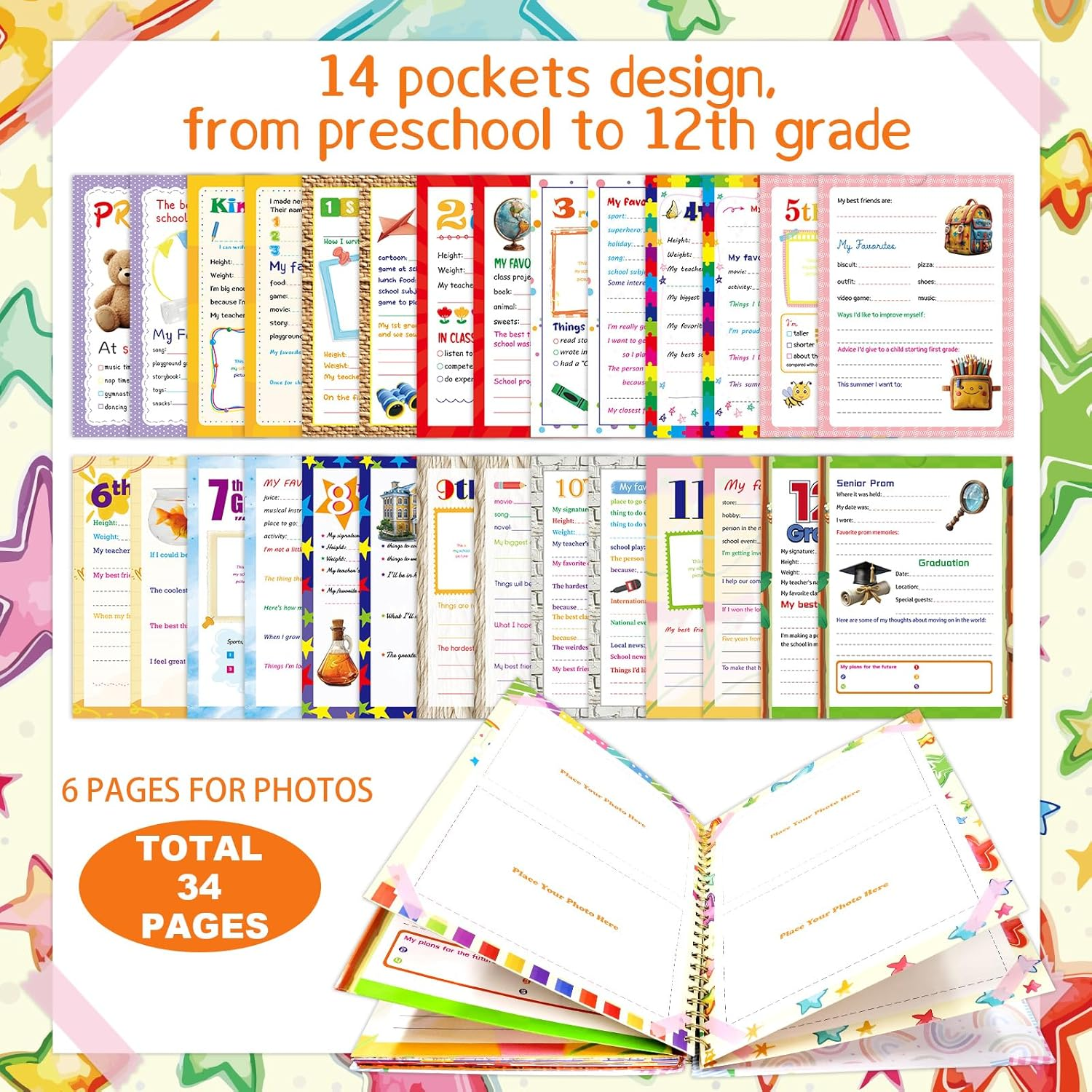 School Memory Book Hardcover Album Scrapbook Keepsake from Preschool through 12Th Grade with 14 Pockets School Photo Pictures Storage Graduation Gifts image number 4