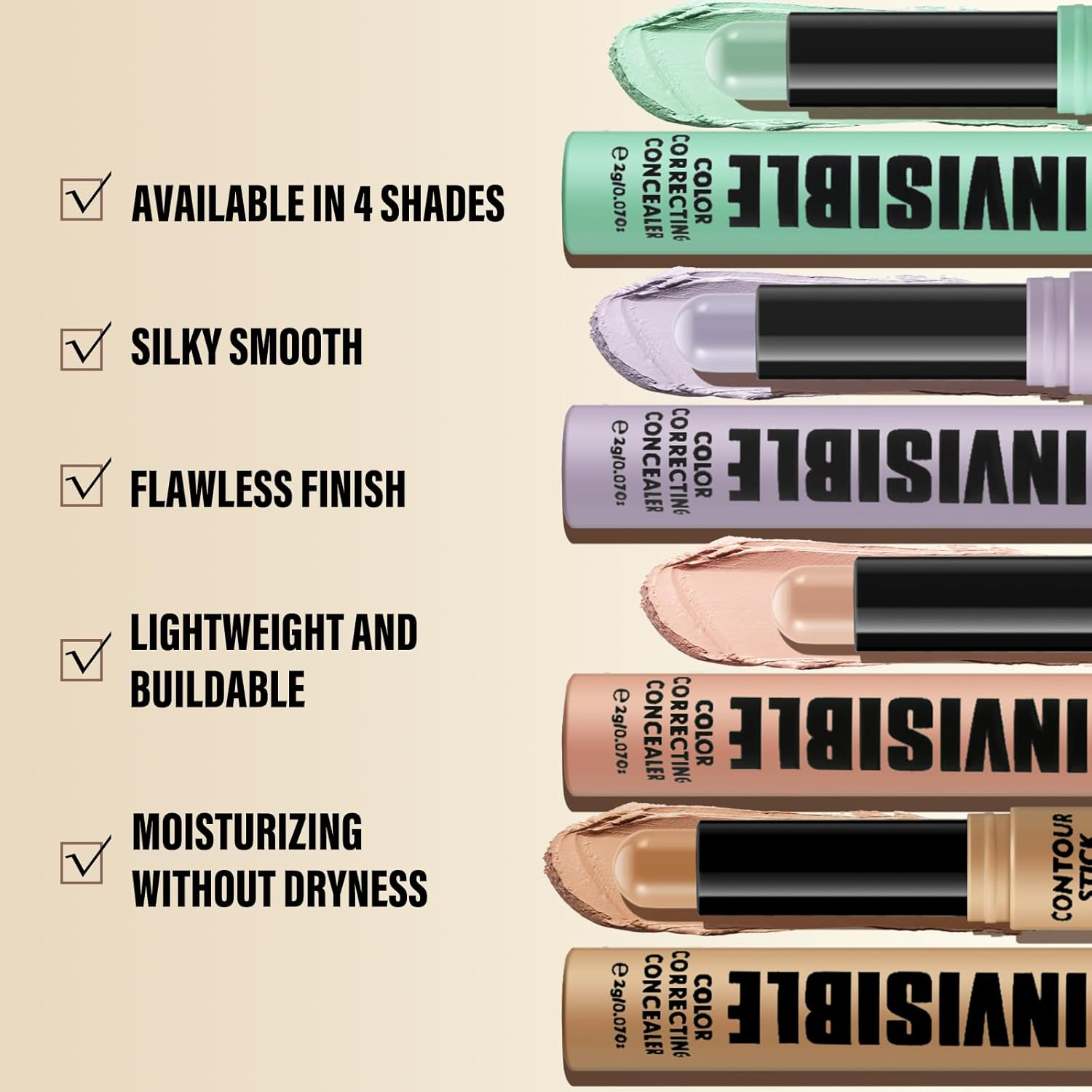 Boobeen Concealer Stick, Color Correcting under Eye Concealer, Matte Creamy Concealer for Natural Flawless Finish, Hydrating and Non-Greasy