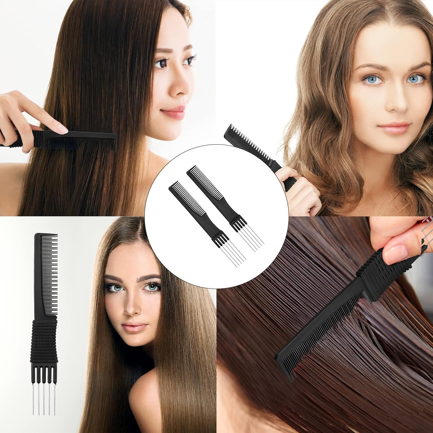 Metal Prong Pick Comb Double-Head Teasing Comb,4Pcs Black Metal Prong Pick Comb,Lift Teasing Comb with Metal Prong,Lift Teasing Comb Salon Teasing Back Comb,Carbon Lift Teasing Combs with Metal Prong image number 6