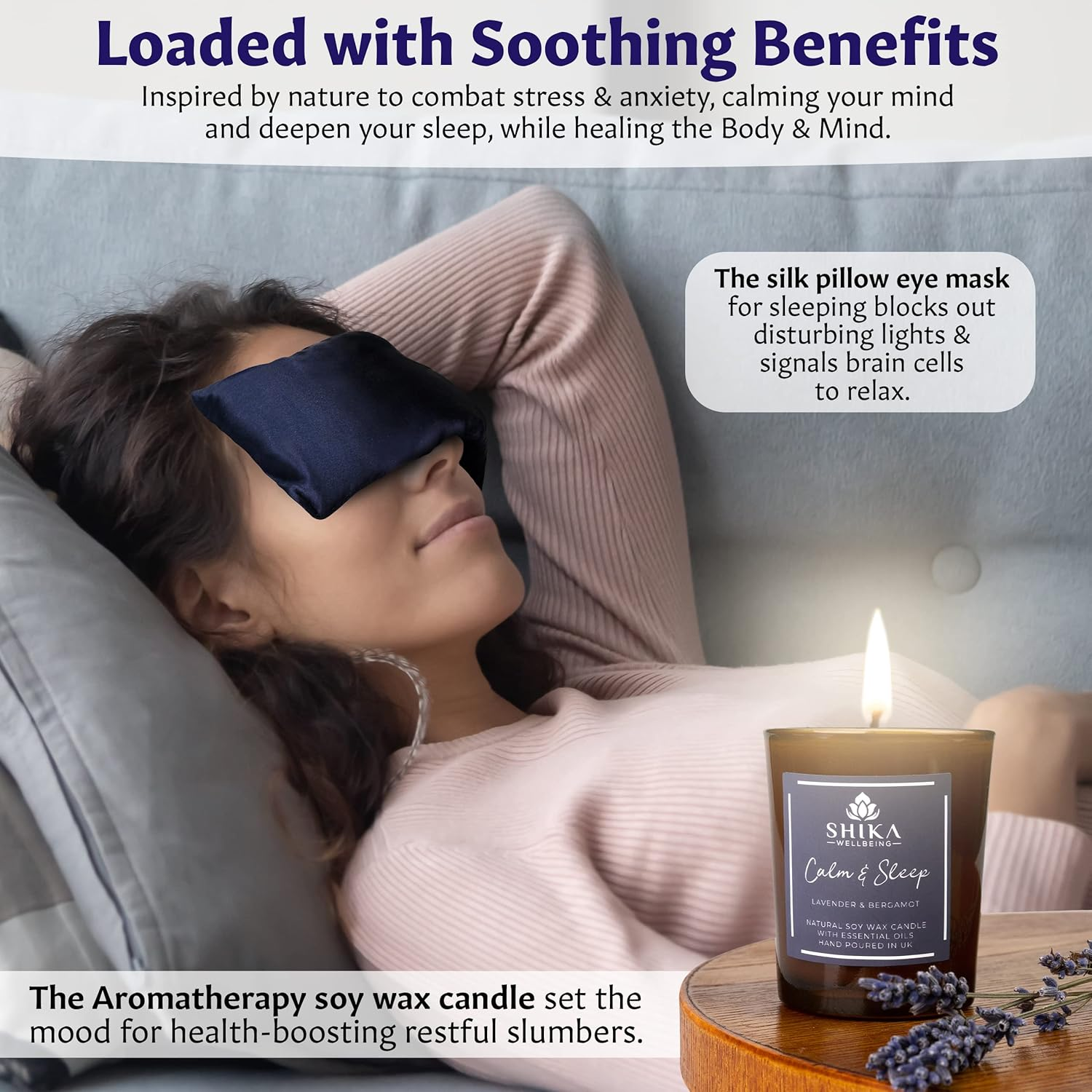 Shika Wellbeing LUXURY SLEEP WELL Pamper Gift Set for Women 100% Silk Lavender Eye Pillow, Pillow Mist, Aromatherapy Candle, Relaxing Bath Salts, 7 Chakra Pyramid Crystal MADE in UK