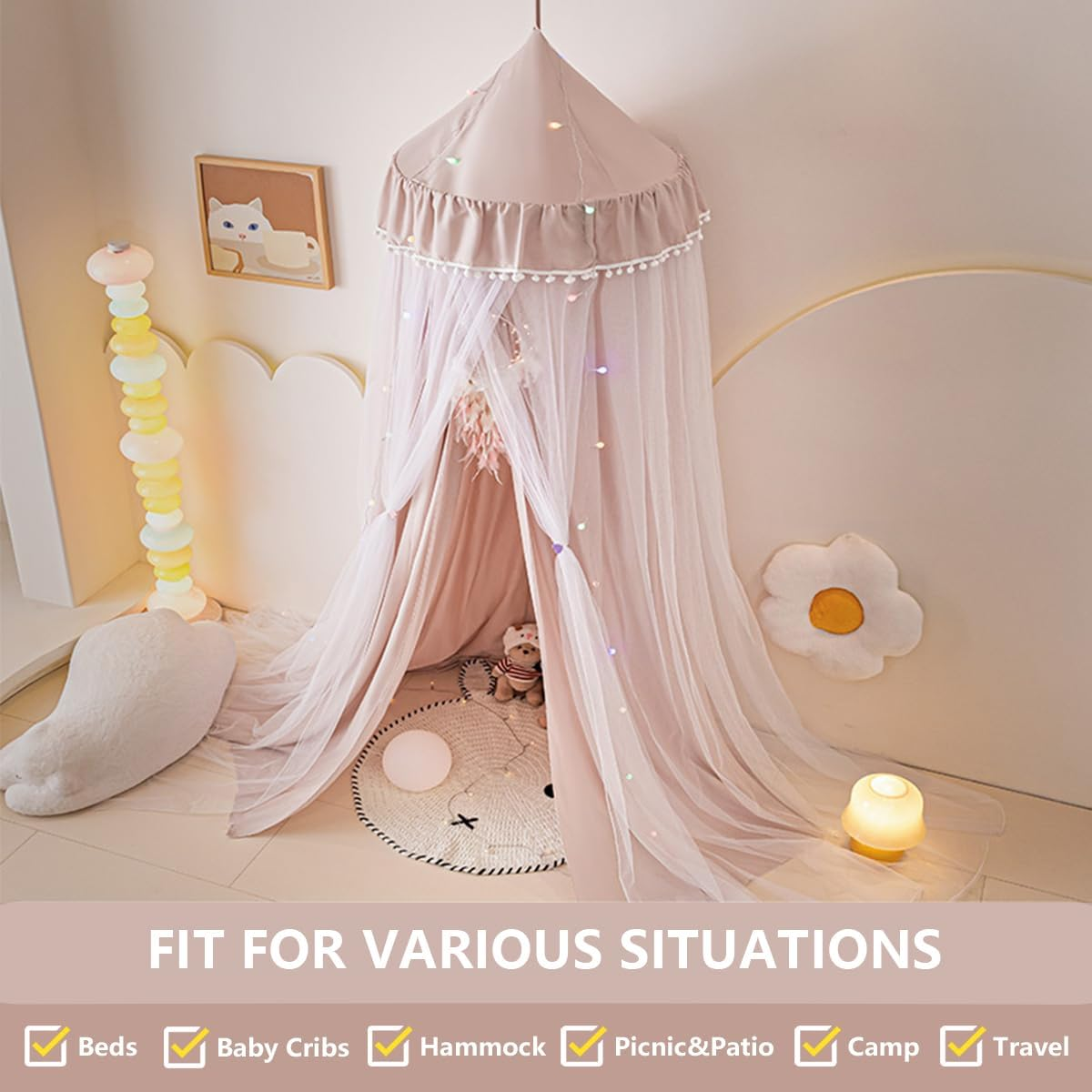 Bed Canopy for Kids Room, Double Layer Mosquito Net with Lights Hanging Play Tent Child Reading Nook round Dome Canopies Princess Castle Dreamy Bedding for Crib Girls Room House D&eacute;cor image number 3