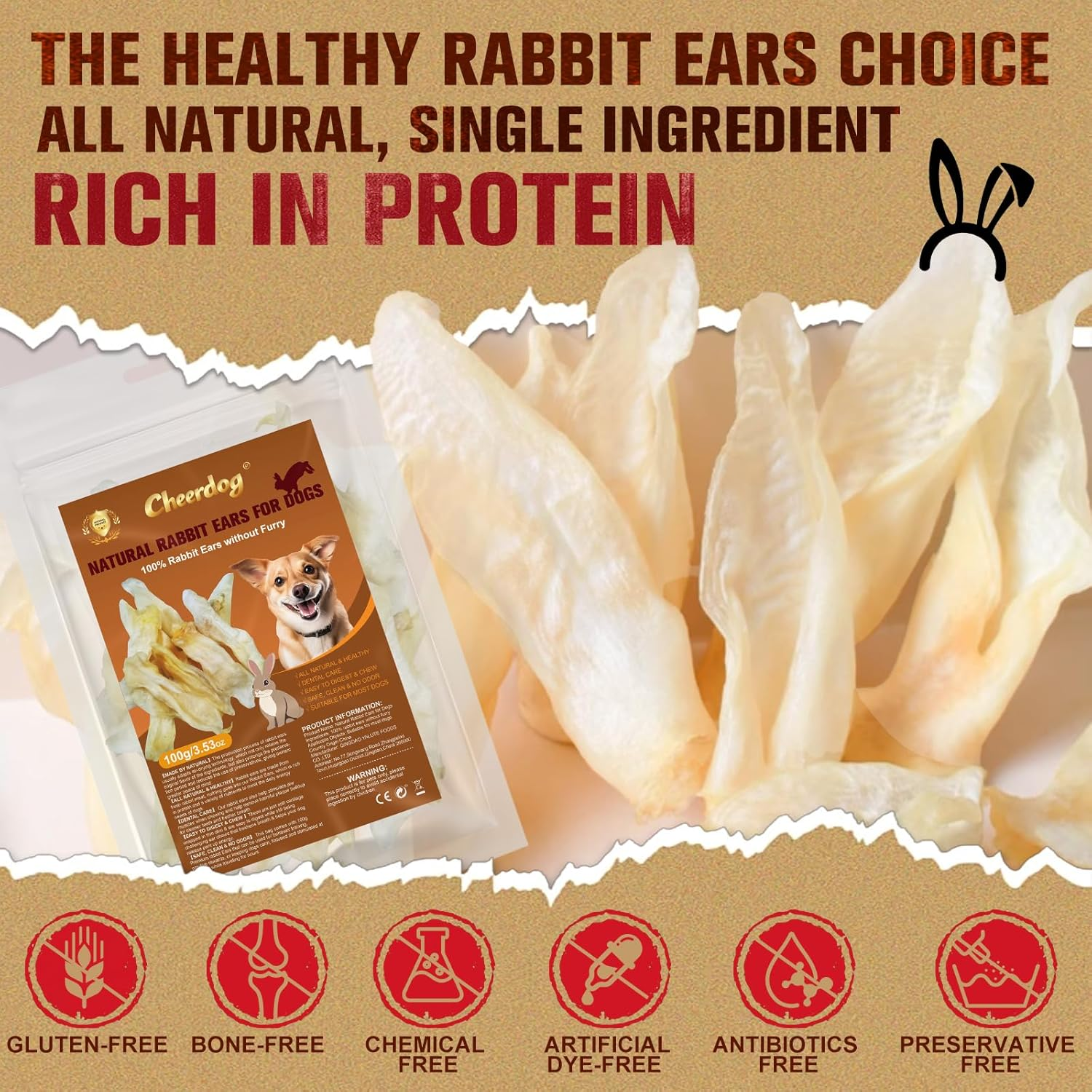 100% Natural Rabbit Ears for Dogs, Thick Cut & All-Natural Whole Ears, 100% Grass Fed Rabbits, Safe Rawhide Alternative Prime Dog Chews image number 6
