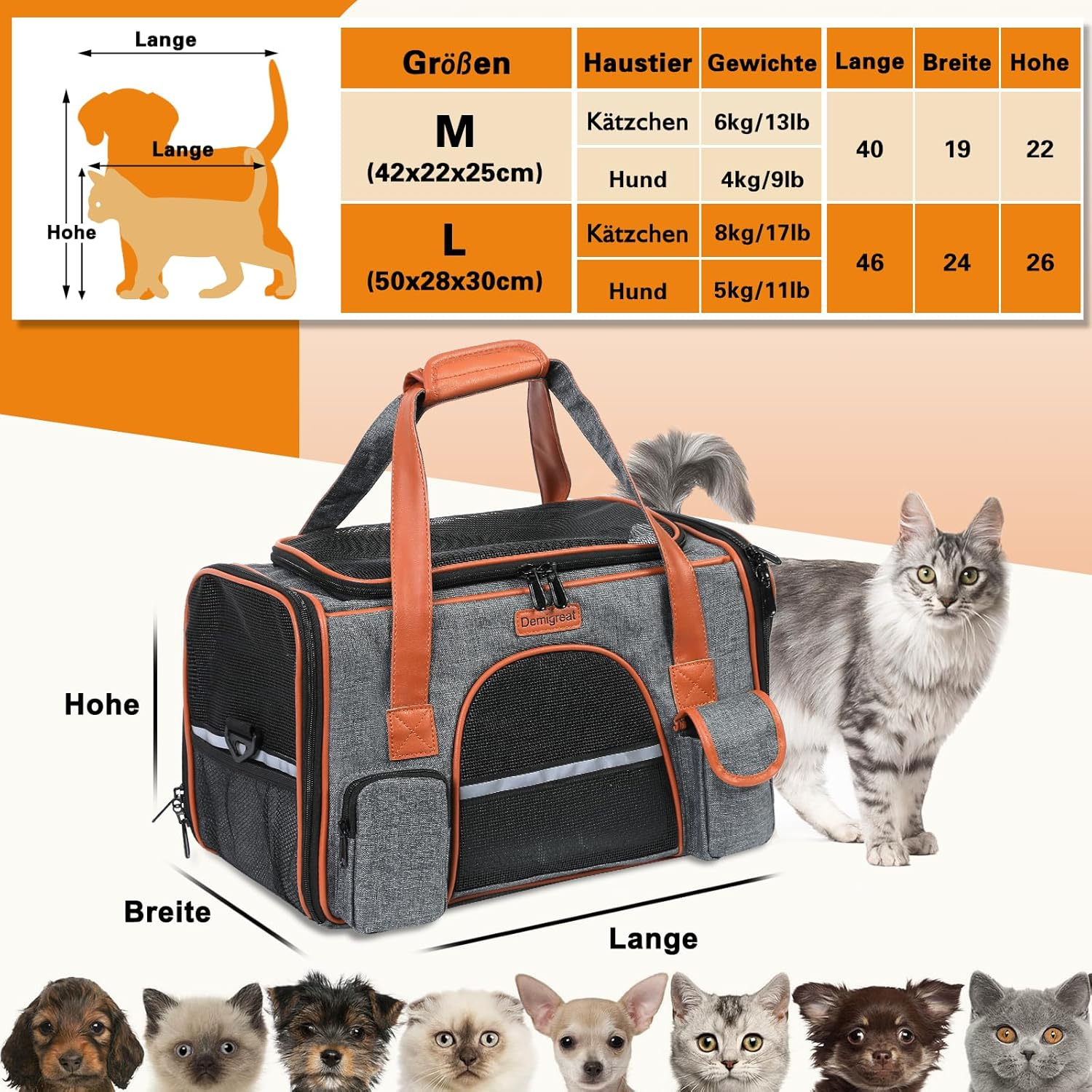 Demigreat Foldable Transport Bag for Cats Dogs up to 8 Kg, Breathable Transport Box for Medium Small Dogs Cats, Dog Carrier Cat Carrier image number 3