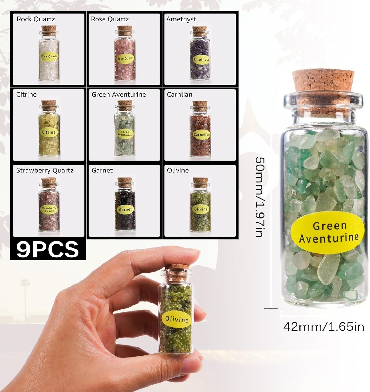 9PCS Crystal Gemstone Bottles Set, Healing Crystal Tumbled Stones Collection Kit, Mini Natural DIY Craft Quartz Gravel Wishing Bottle for Yoga, Reiki, Healing, Meditation, Chakra Balance image number 6