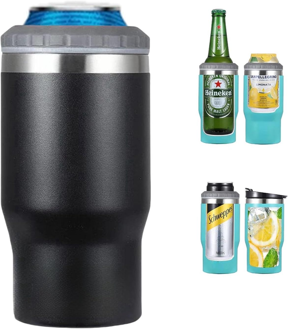Gteller 4 in 1 Stainless Steel Can/Bottle Insulator, 14Oz Two-Way Lids SUS Insulated Can Cooler, Beer Bottle Holder(Black)