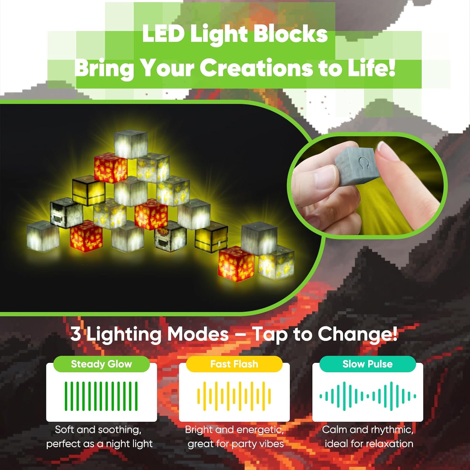 Ejo World 128-Piece LED Magnetic Building Blocks &ndash; Lava & Volcano Adventure Set with 18 Light-Up Pieces, Sensory STEM Learning Magnet Toys for Boys & Girls Ages 3+, Creative Construction Kit image number 5