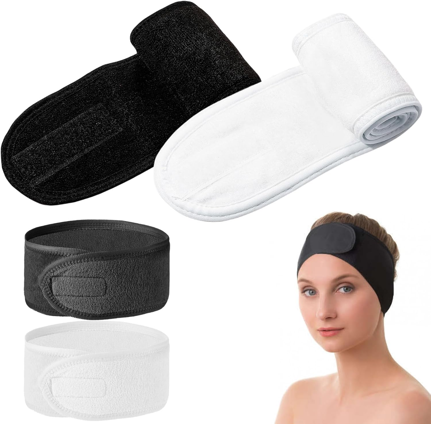 Pack of 4 Hair Bands for Women, Women'S Cosmetics, Make-Up Hair Band for Sports, Showers (Black and White) image number 5