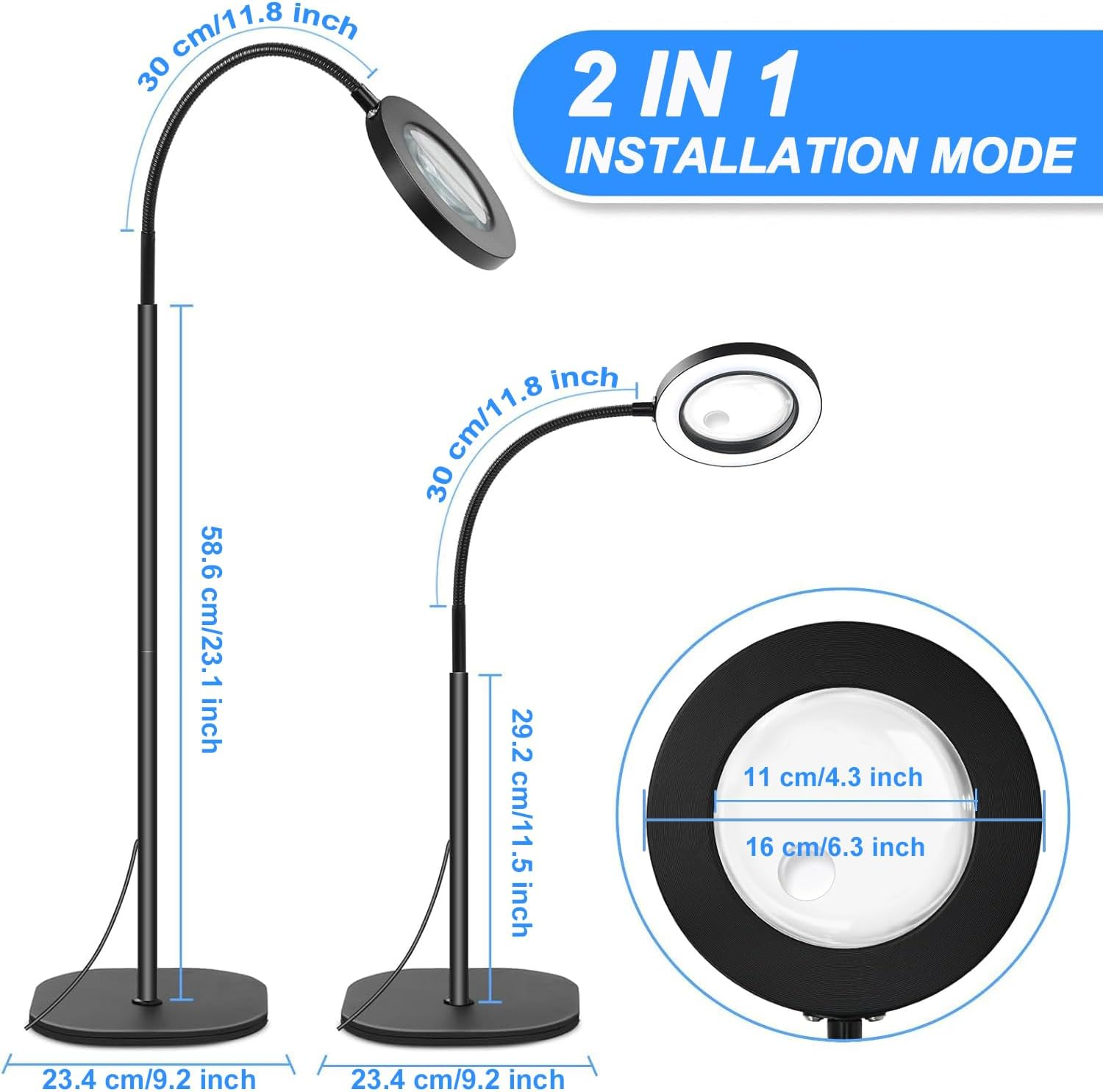 Magnifying Floor Lamp, 5X 10X Magnifying Glass with Light with 3 Color Modes and Dimmable Adjustable Brightness, 72 LED Gooseneck Standing Magnifying Glasses Lamp for Repair, Reading, Crafts image number 6