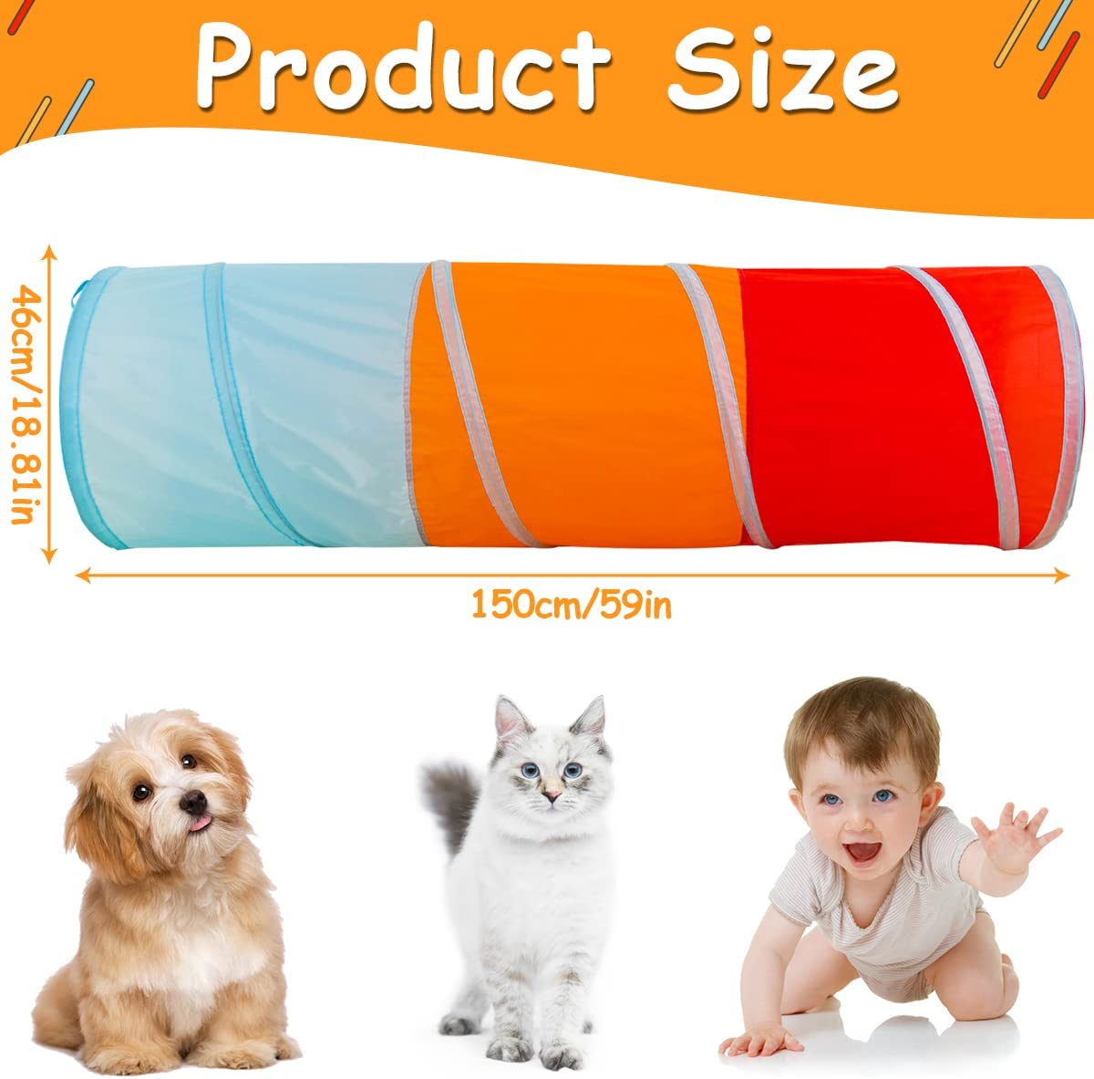 FUYGRCJ Kids Play Tunnel 5FT Pop up Kids Crawl Tunnel Colorful Soft Comfortable Baby Crawl Tube Indoor Outdoor Play Games Climbing Tunnel for Toddlers Aged 3M+ and Pets (Red Orange Blue) image number 3