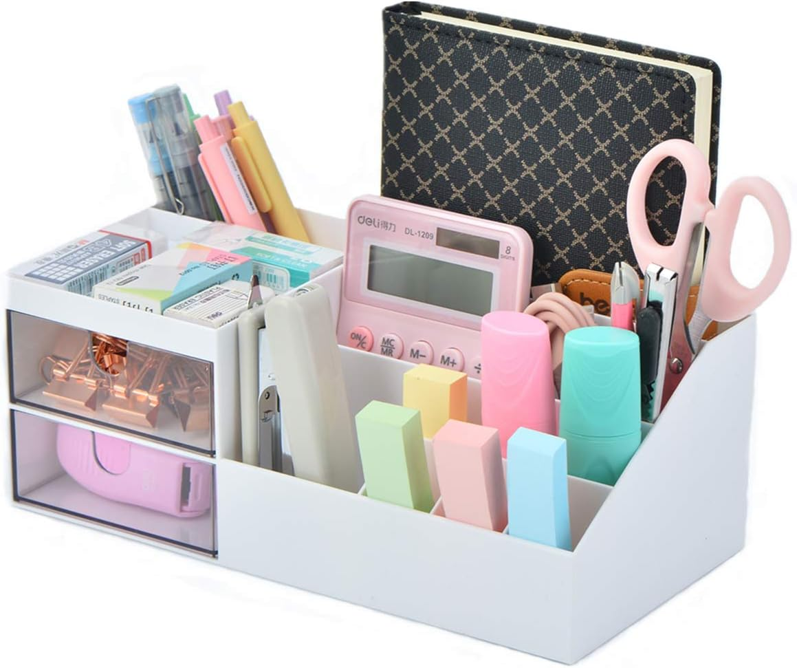 Citmage Desk Organizer Caddy with 12 Compartments Office Workspace Drawer Organizers Desktop Holder Plastic Stationery Supplies Storage Box for Pencils,Markers,Erasers,Pens,Sticky Notes(White)&hellip; - Blue 2 image number 2