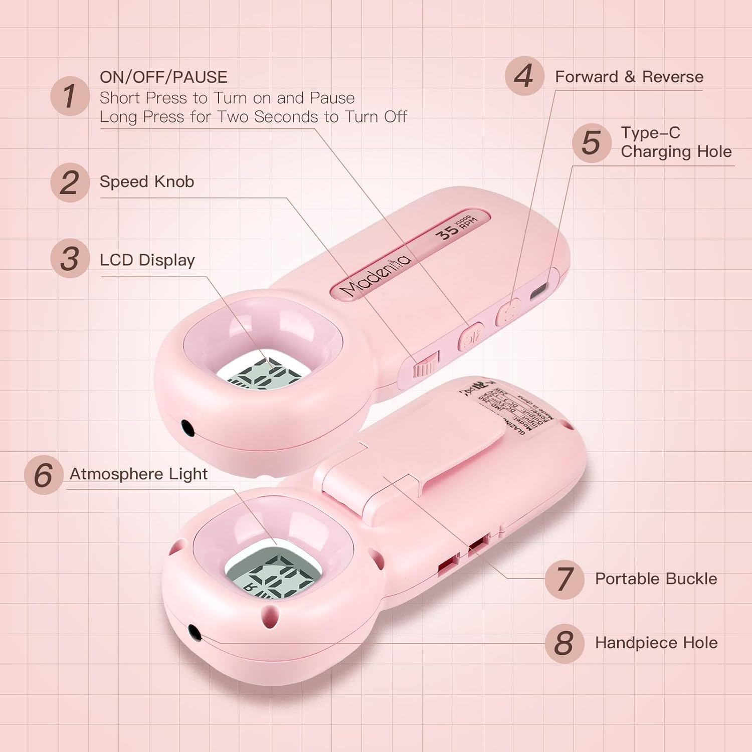 Madenia Rechargeable Electric Nail Drill Professional Portable E File Machine for Acrylic Gel Nails, Cordless Manicure Pedicure Polishing Tools, Pink image number 4