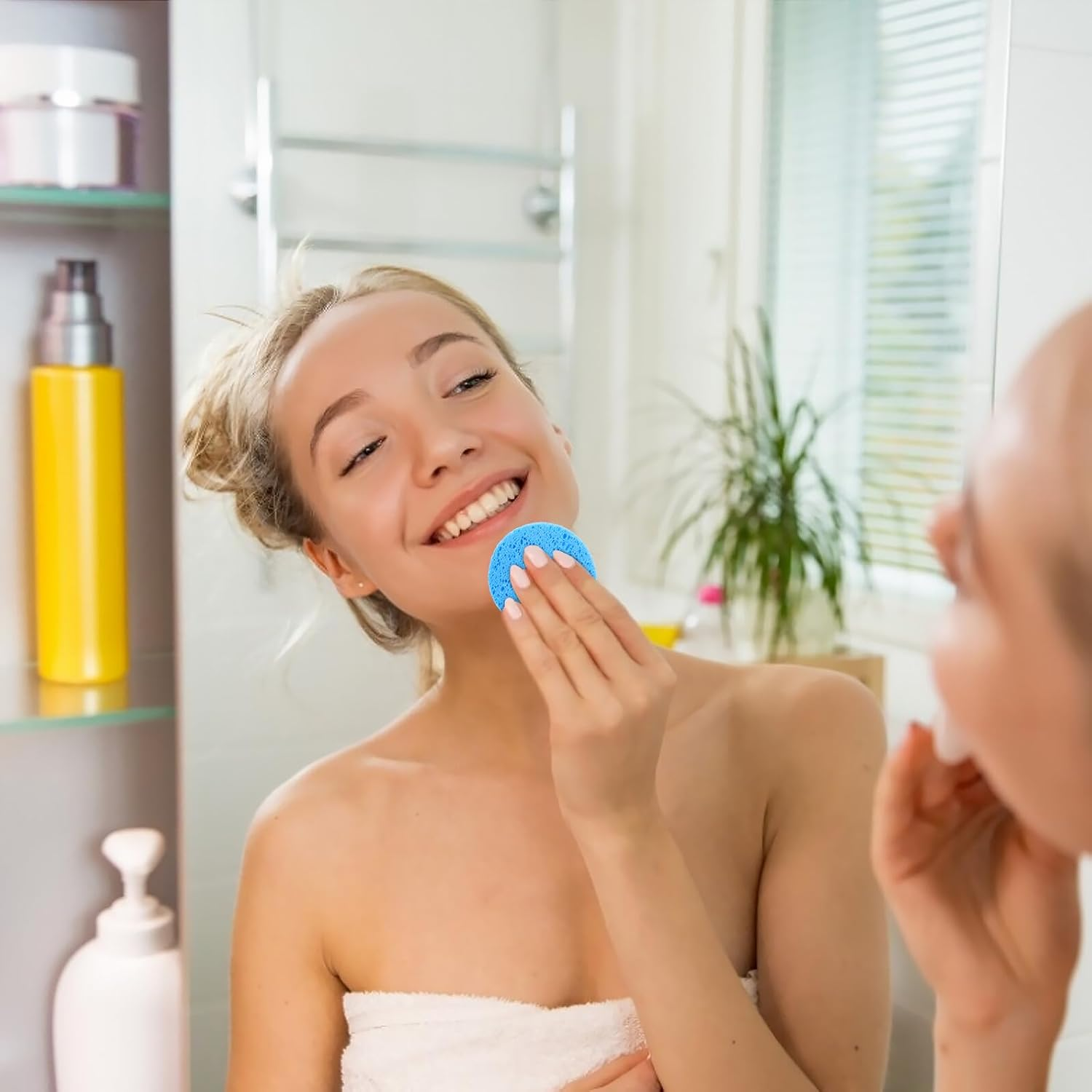 MUSISALY 30Pcs Facial Makeup Removal Sponges Gentle Exfoliating Cellulose Face Cleansing Pads for Deep Pore Cleaning Oil Removal and Smooth Skin Includes Pink Blue Pads image number 1